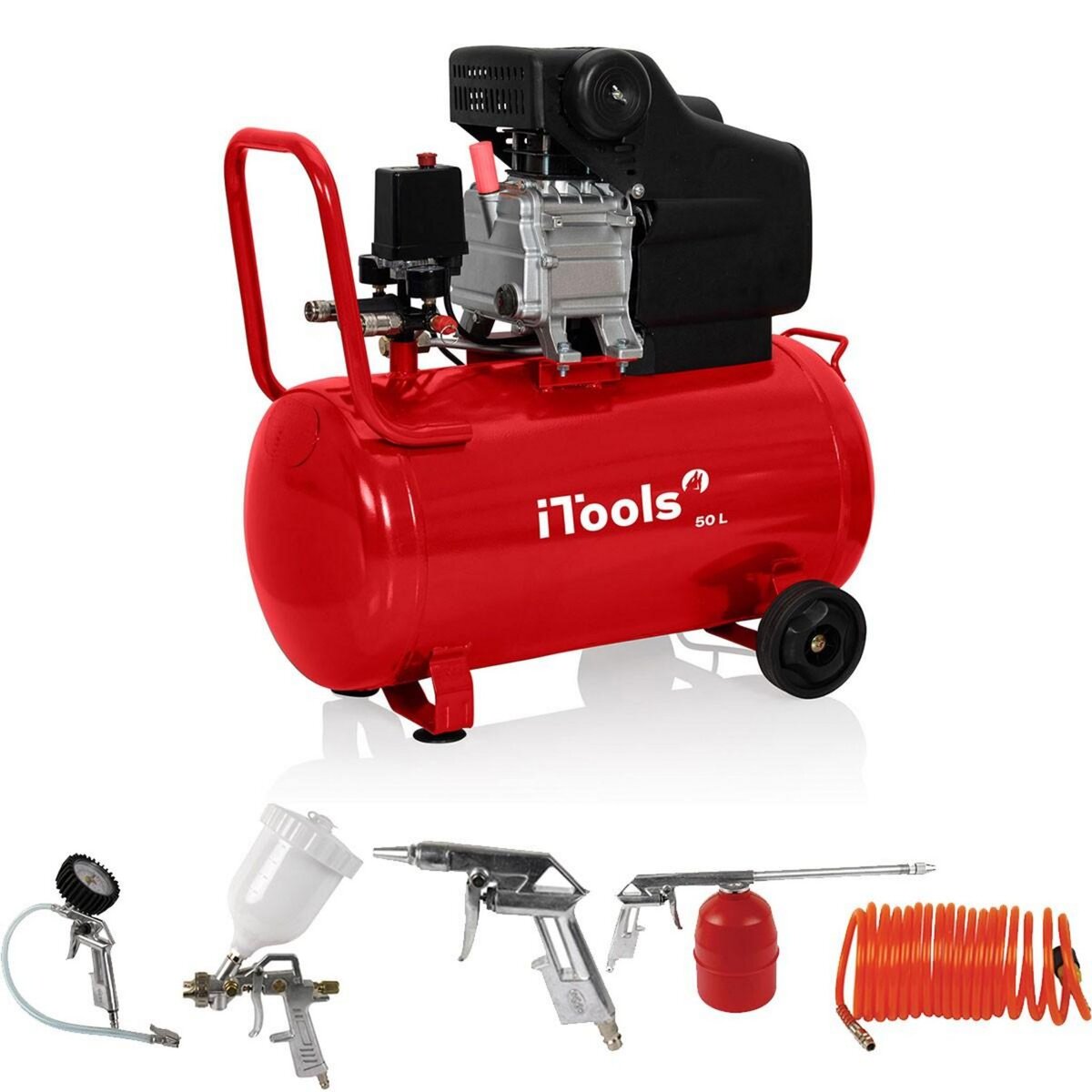 iTools Compresseur d'air 50L à huile 8 bar 115 PSI Silencieux 2CV 1.5KW + Kit 5 accessoires air comprimé ITOOLS