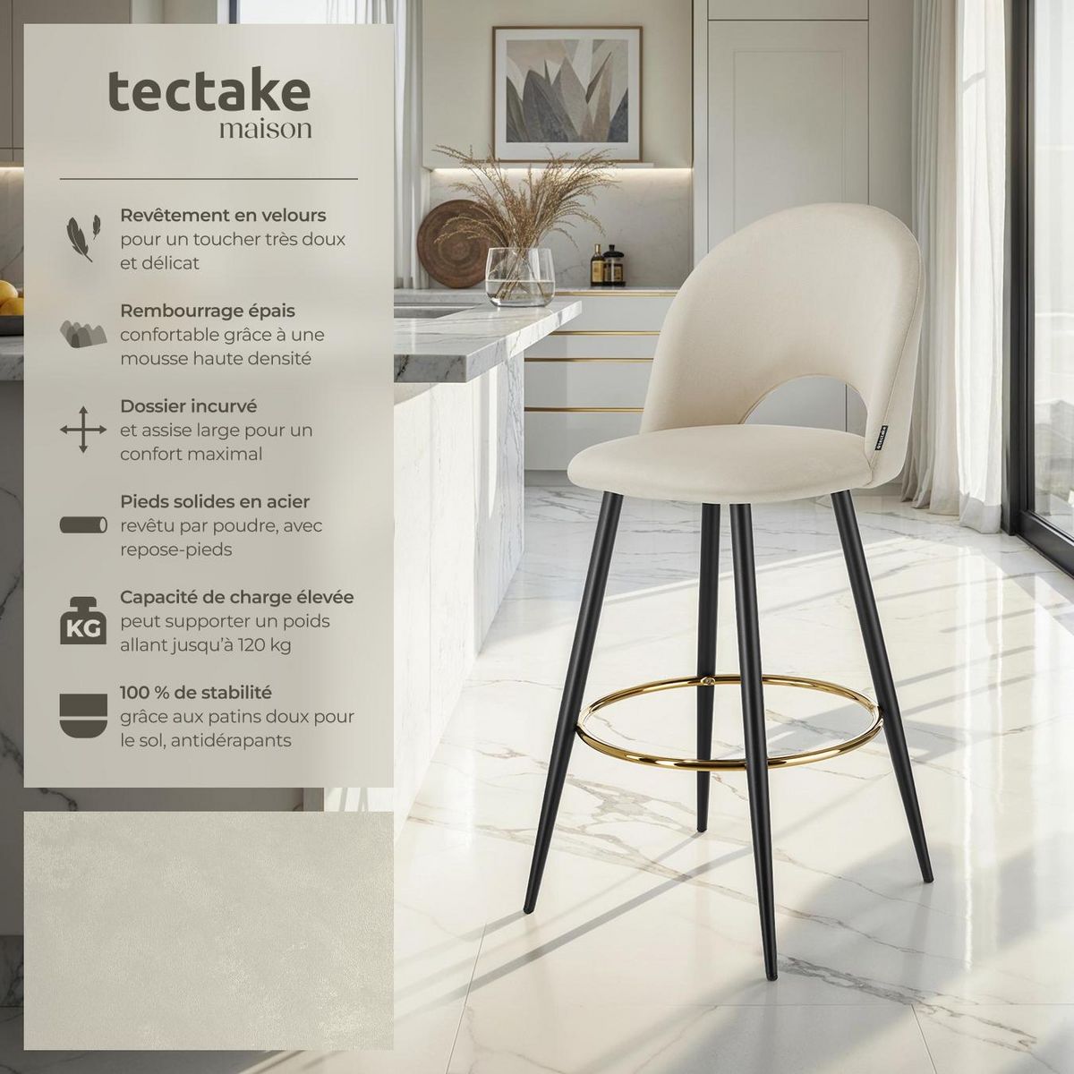 tectake Chaise de bar en velours rembourré crème/noir Ensemble de 4 pièces