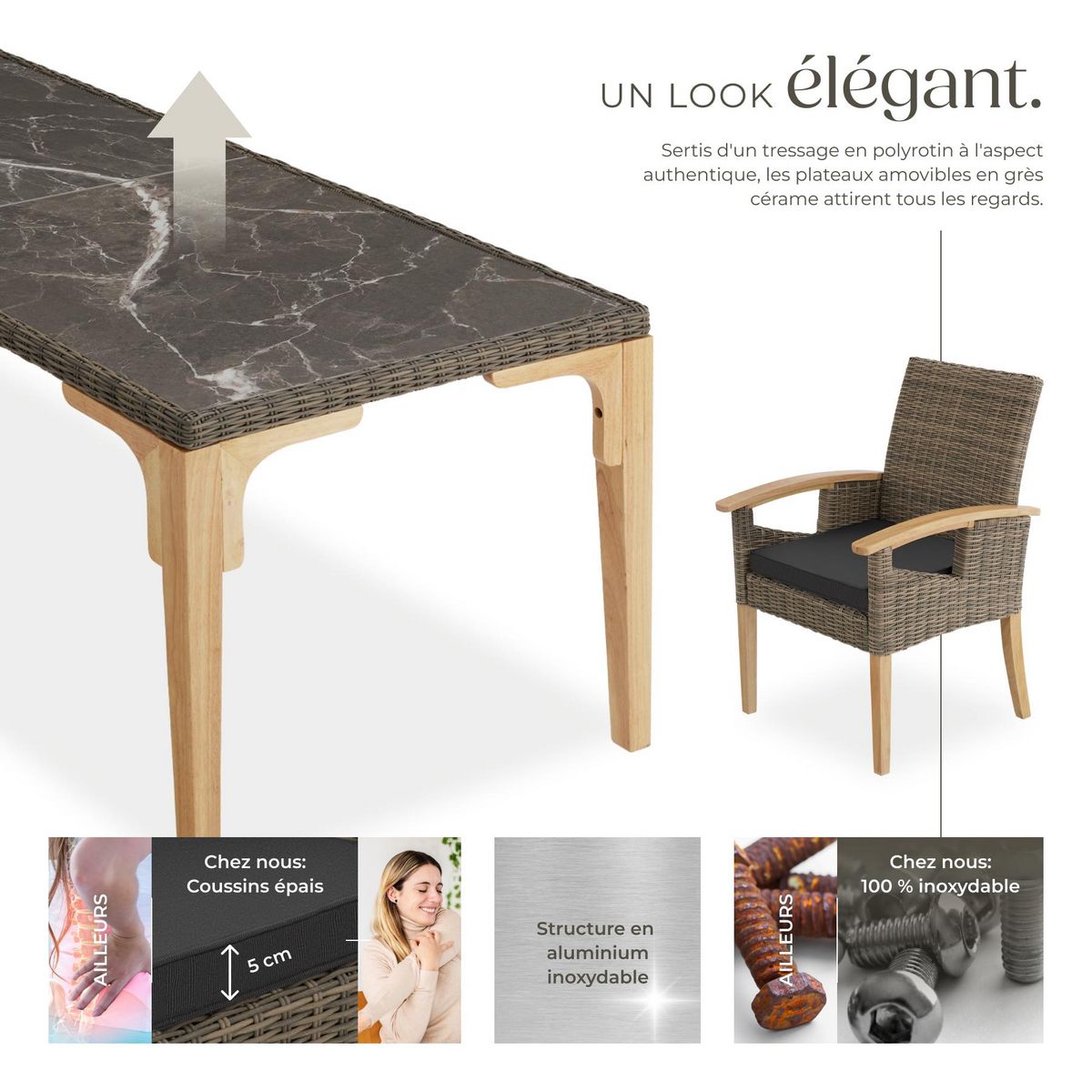 tectake Ensemble table en rotin avec 6 chaises avec cadre solide marron naturel