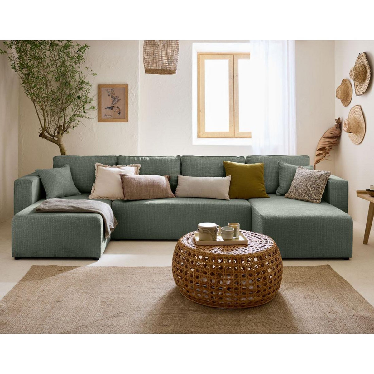 BEST MOBILIER Topaze - canapé panoramique en u - 7 places - convertible avec coffre - en tissu velours relief