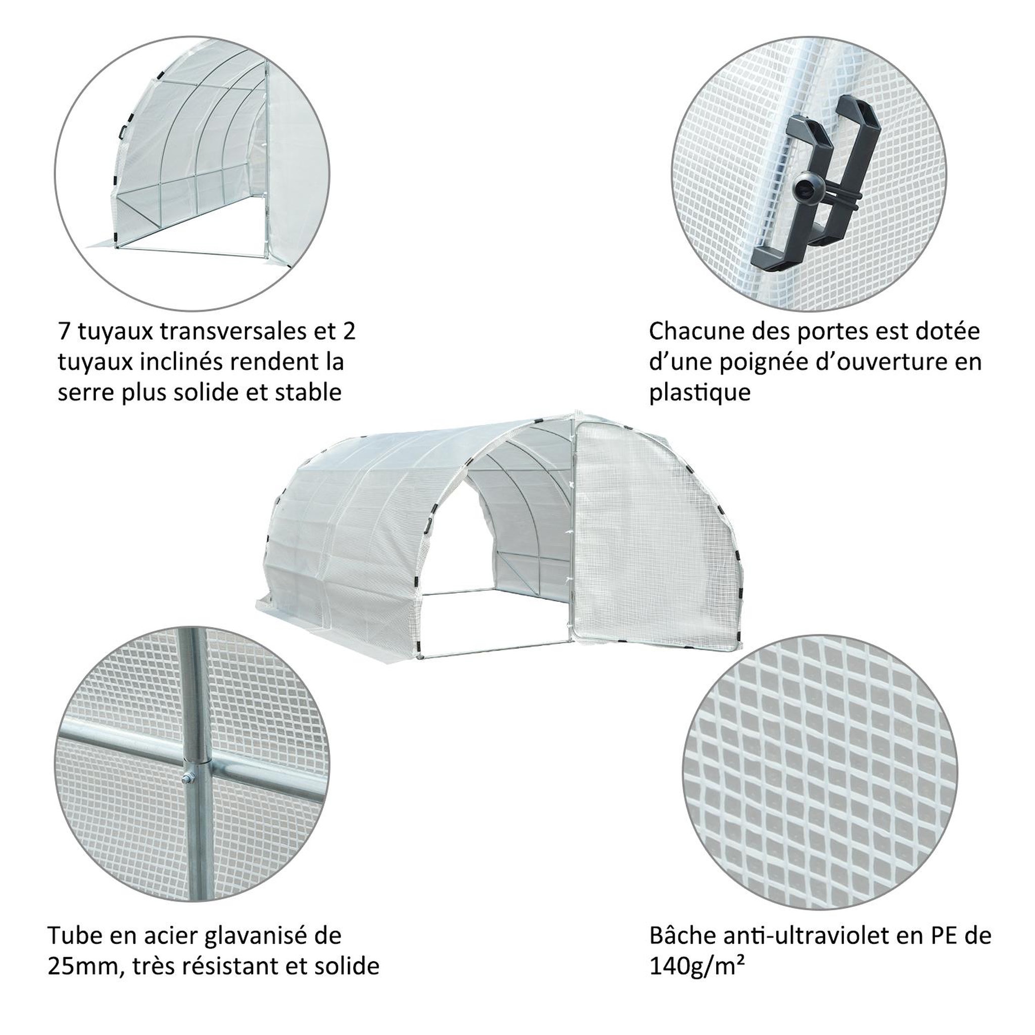Voir la diapositive 5 : OUTSUNNY Serre de jardin tunnel surface sol 12 m² 4l x 3l x 2h m châssis tubulaire renforcé 25 mm double porte avec poignées blanc