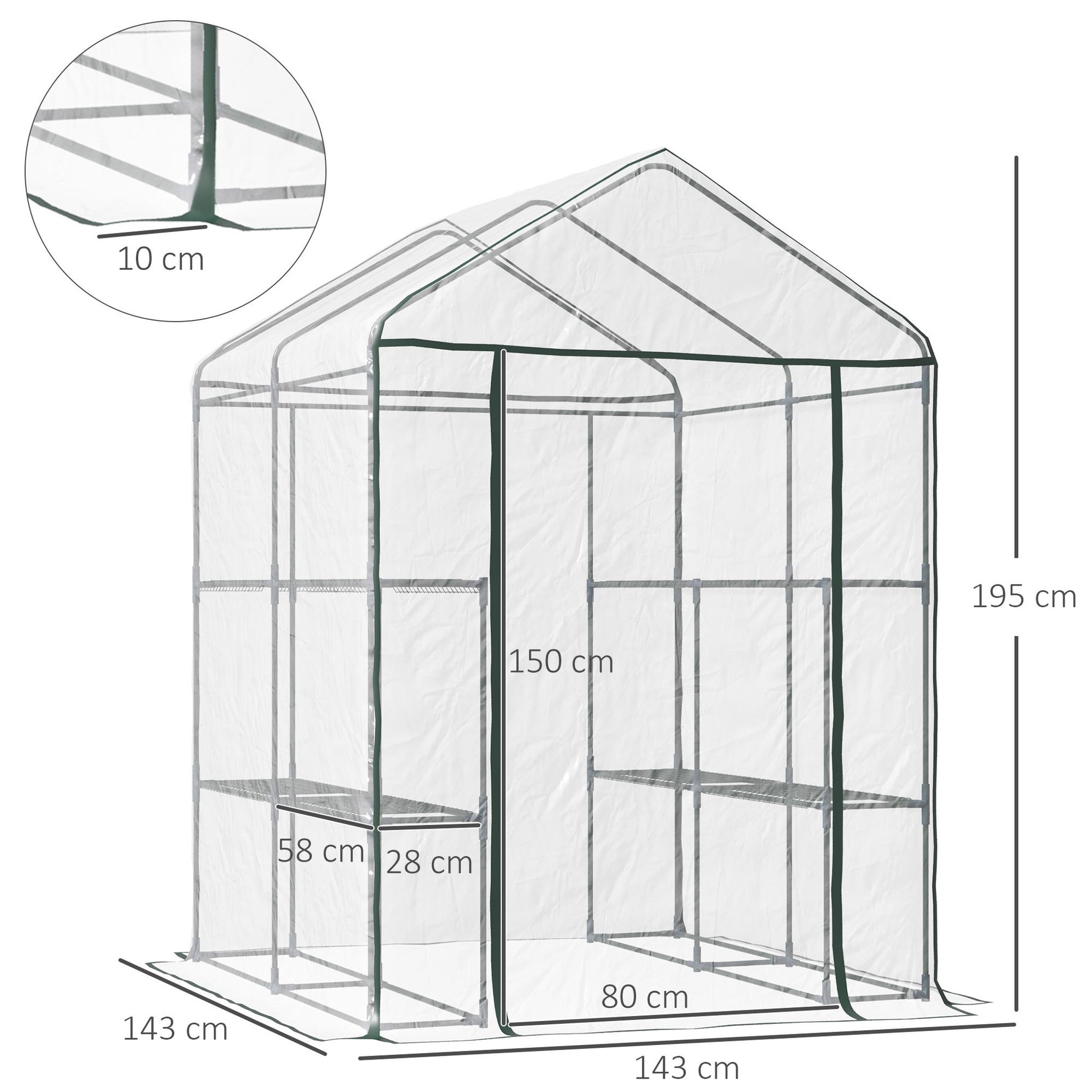 Voir la diapositive 3 : HOMCOM Serre de jardin balcon terrasse 4 étagères 143l x 143l x 195h cm acier pvc imperméable anti-uv transparent vert