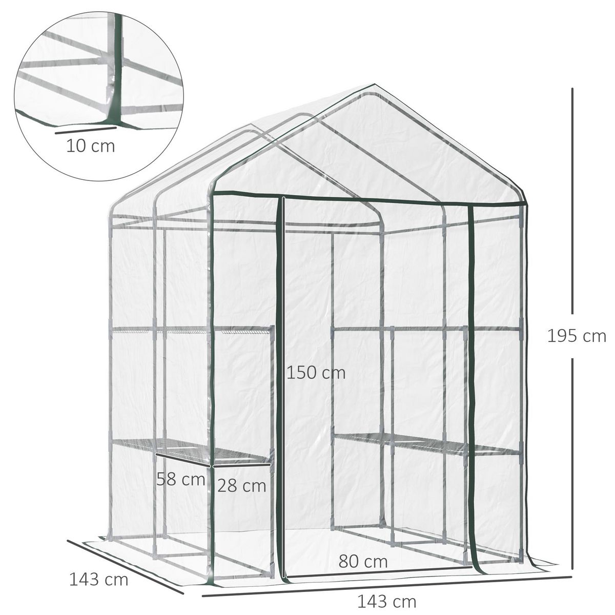 HOMCOM Serre de jardin balcon terrasse 4 étagères 143L x 143l x 195H cm acier PVC imperméable anti-UV transparent vert