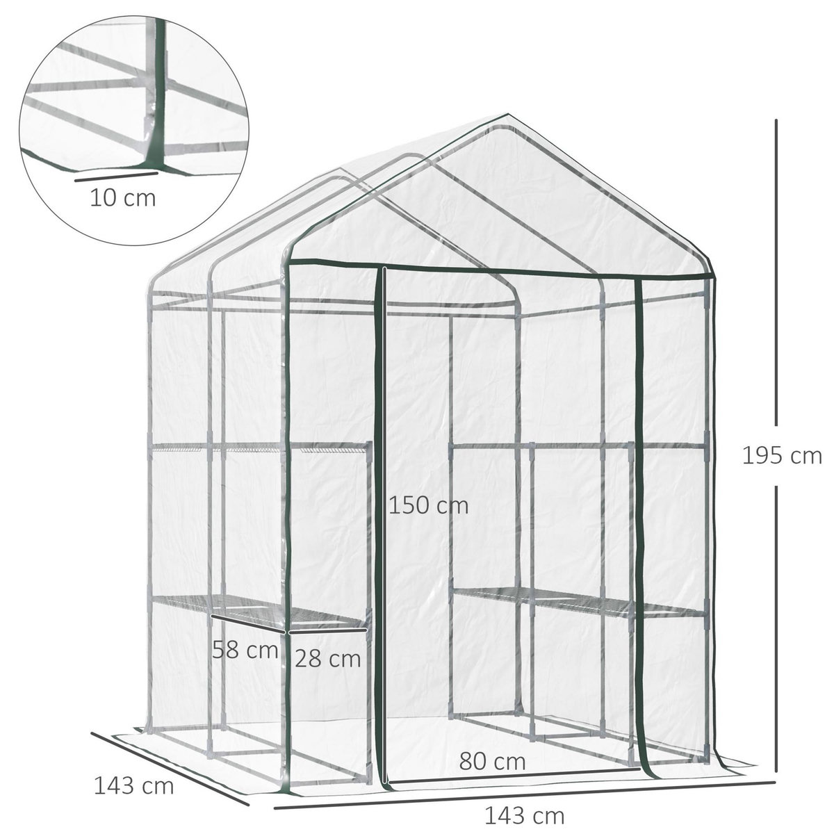 HOMCOM Serre de jardin balcon terrasse 4 étagères 143L x 143l x 195H cm acier PVC imperméable anti-UV transparent vert