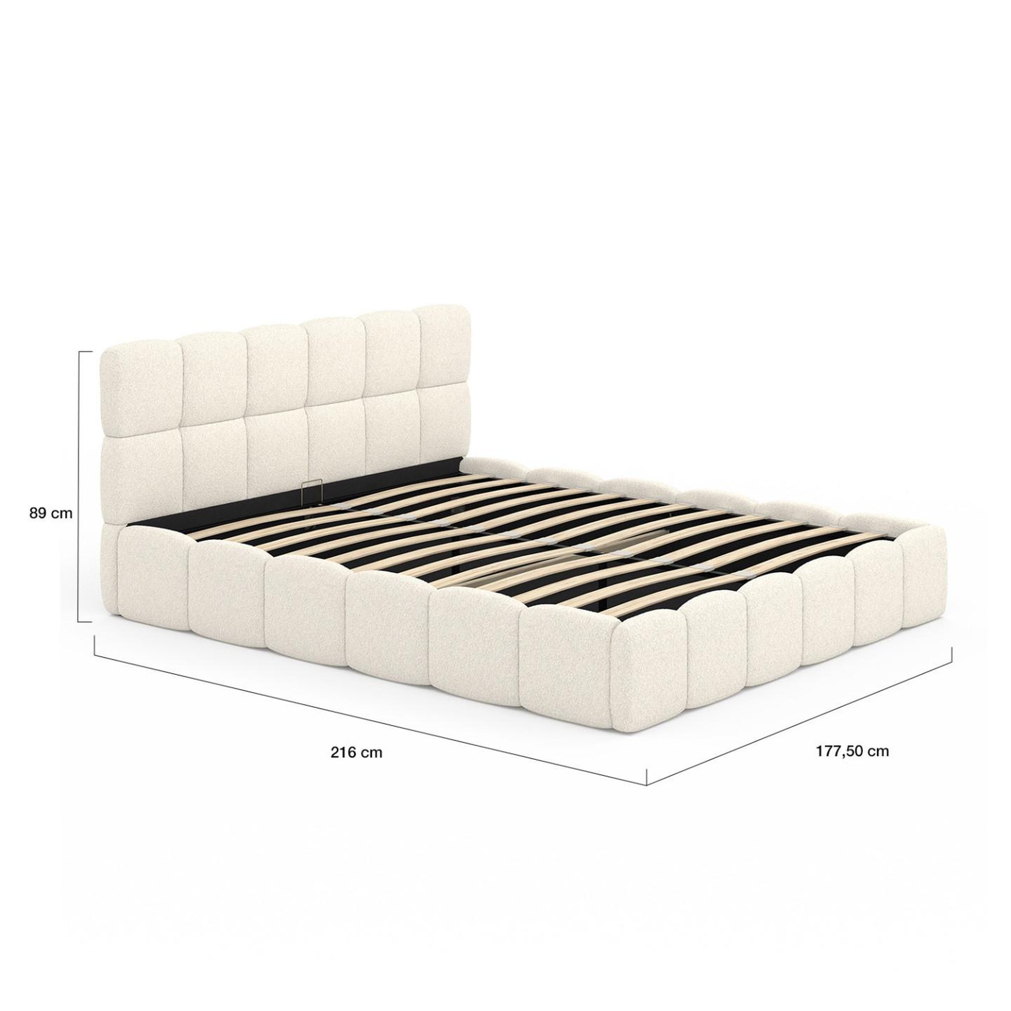Voir la diapositive 5 : ID MARKET Lit coffre double nuage avec tête de lit matelassée et sommier 160 x 200 cm tissu bouclette blanc