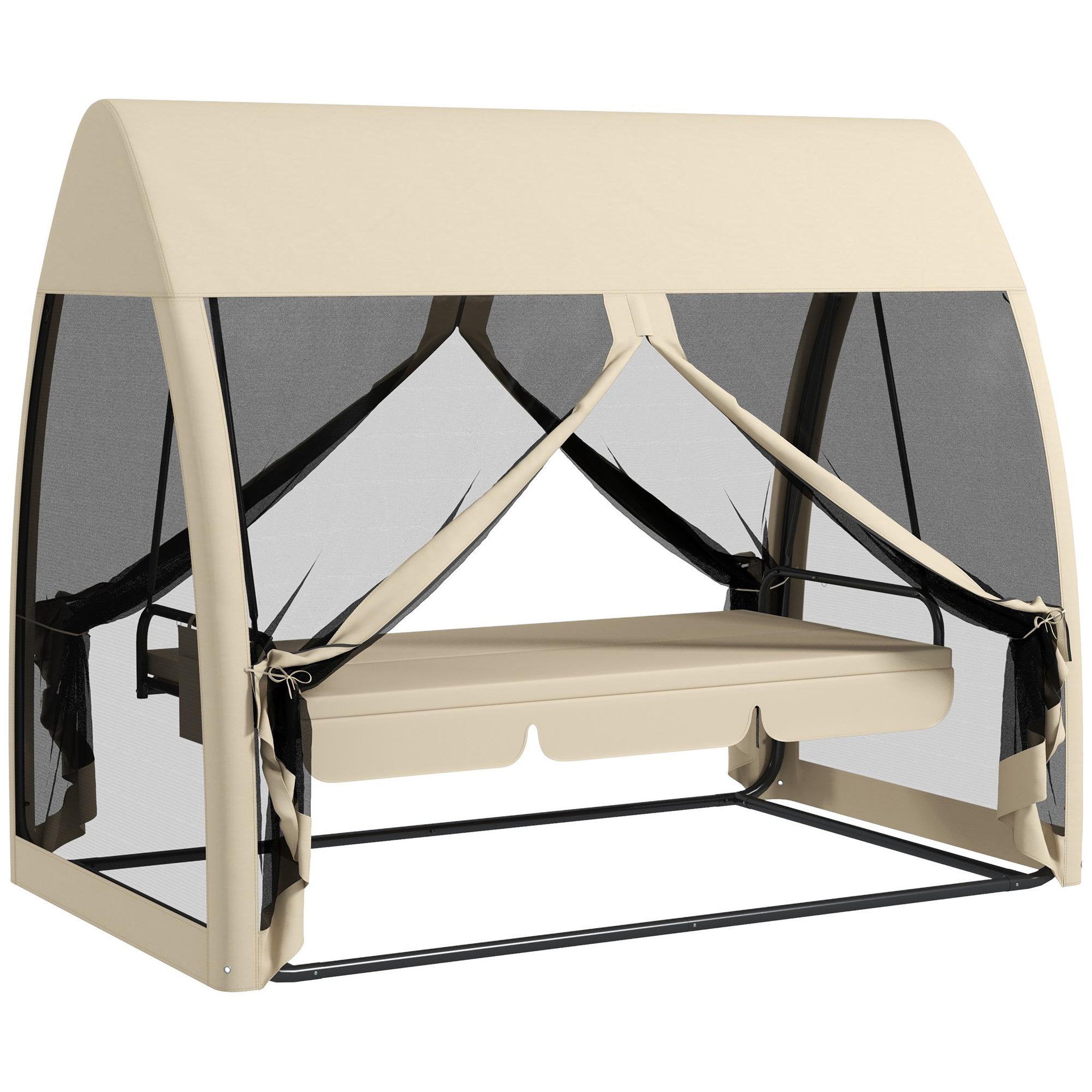 OUTSUNNY Balancelle de jardin convertible 3 places - matelas assise dossier, moustiquaire intégrale, toit - métal polyester beige