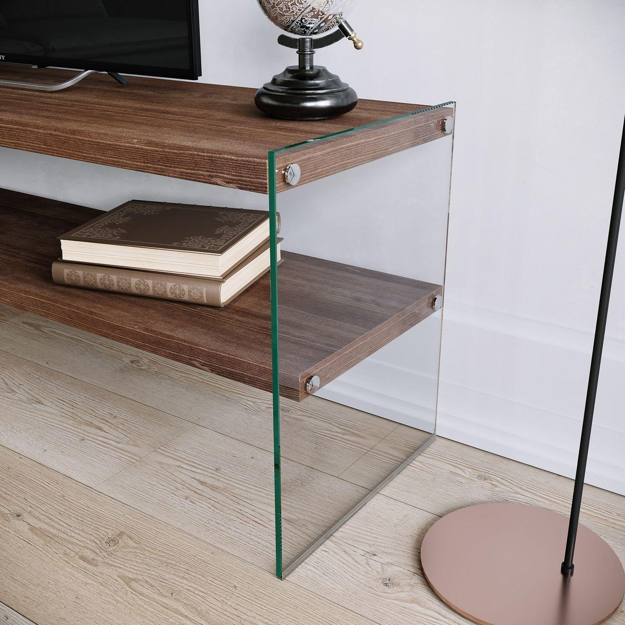 Voir la diapositive 3 : TOILINUX Meuble tv en bois de pin massif et structure en verre 1 étagère - l.120cm x h.45cm - marron foncé