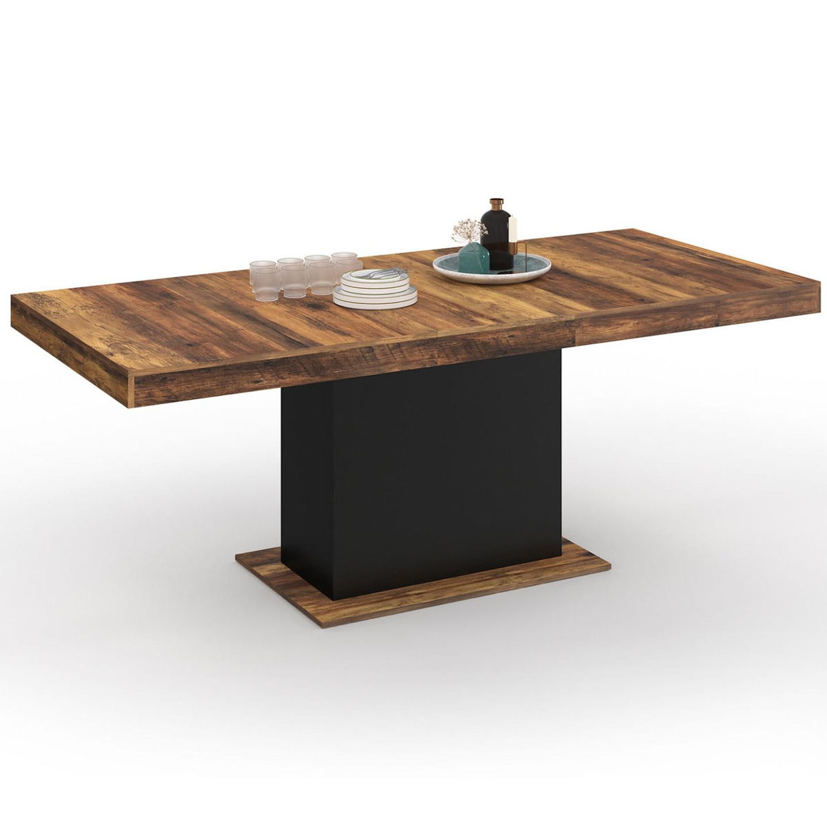 ID MARKET Table à manger extensible rectangle EDEN 6-10 personnes plateau HAWKINS bois foncé et noir 160-200cm