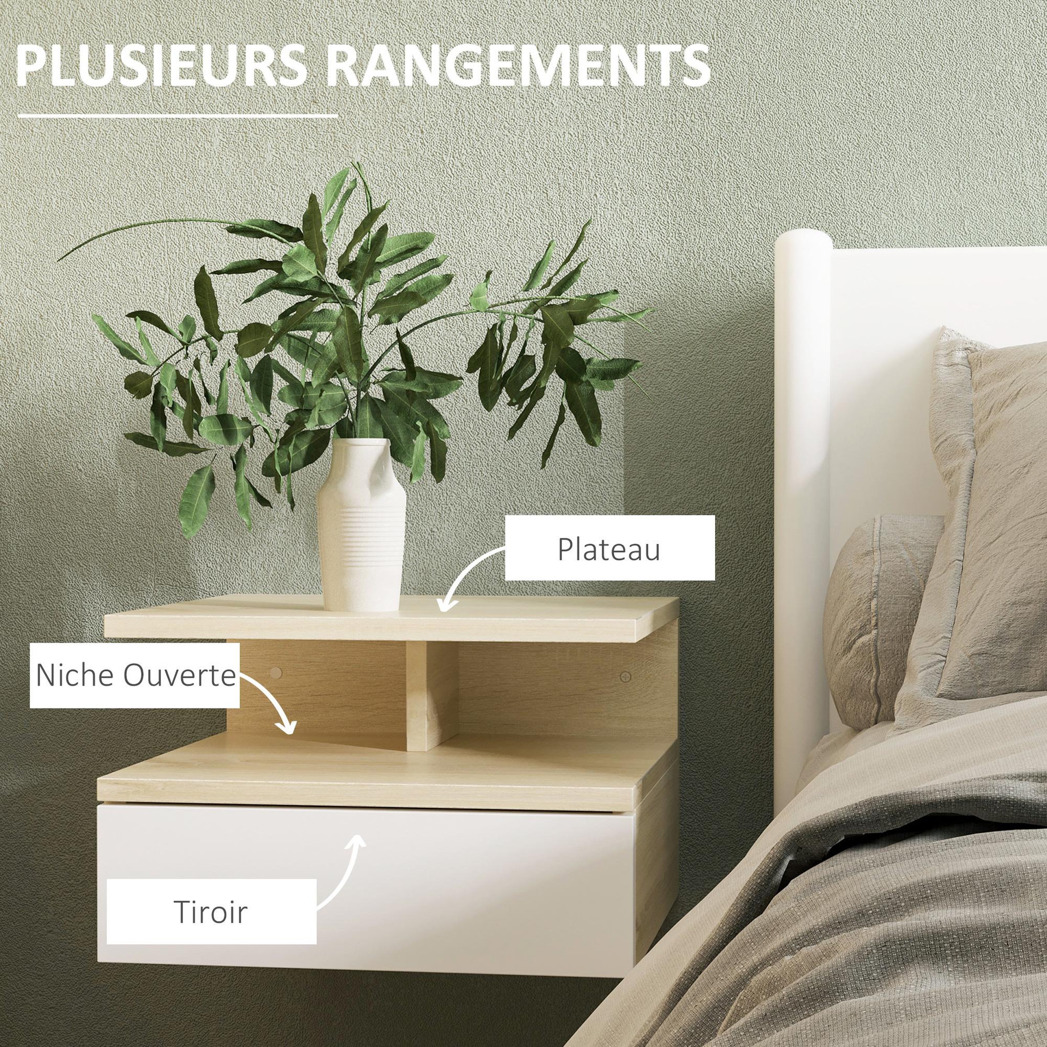 Voir la diapositive 6 : HOMCOM Lot de 2 tables de chevet murales - lot de 2 tables de nuit - tiroir coulissant, niche et plateau - aspect chêne clair blanc