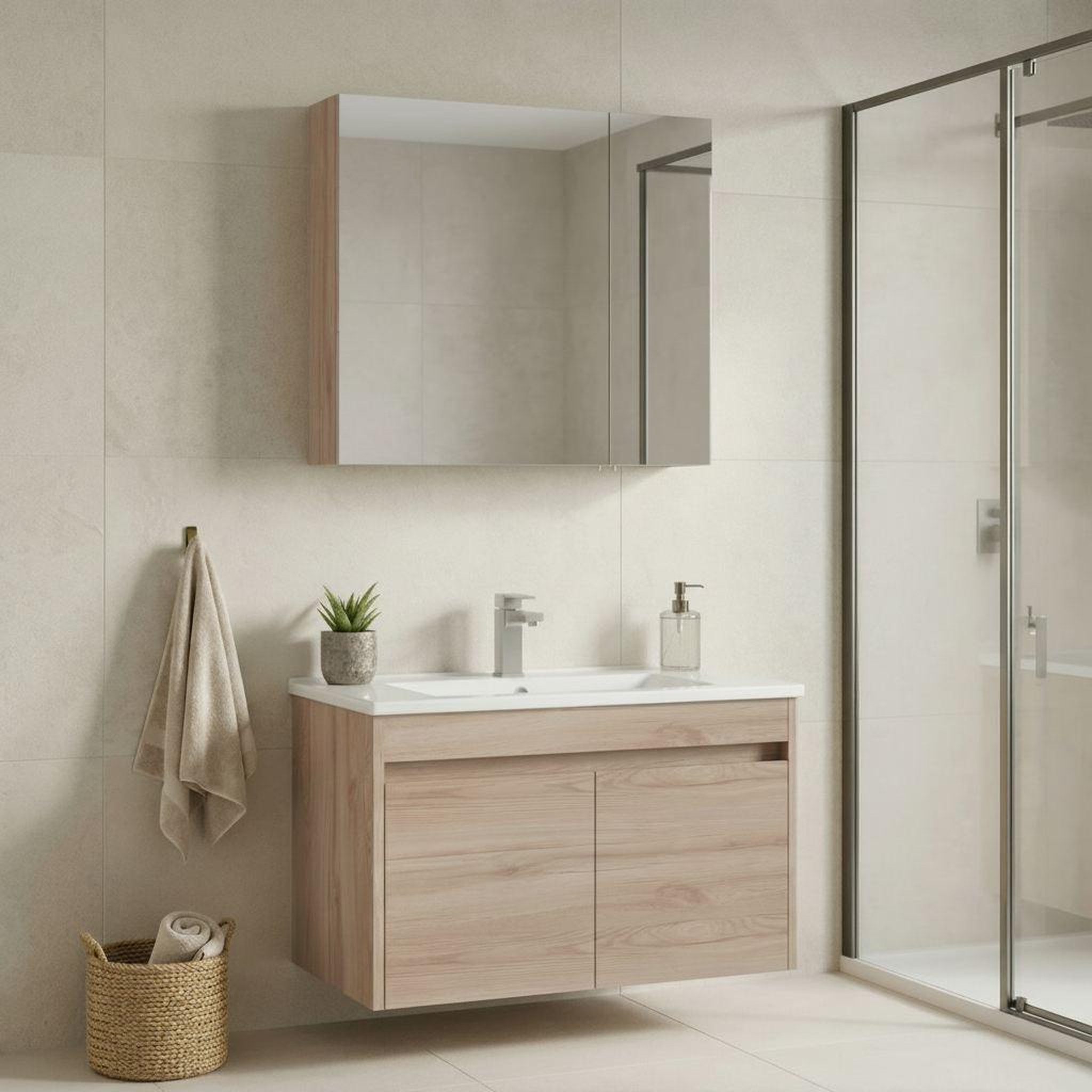 Voir la diapositive 2 : Habitat et Jardin Meuble avec simple vasque et miroir  Side 85 v2  - 85 x 45 x 52 cm - Oak