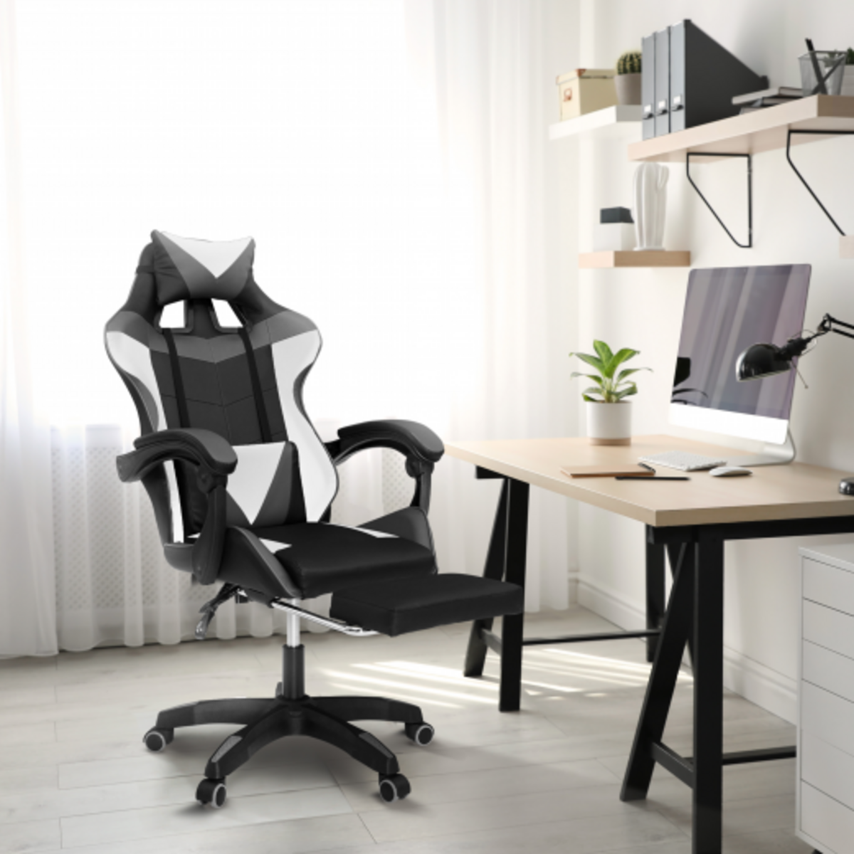 ID MARKET Fauteuil de gaming ALEX réglable avec repose-pied, coussin de tête et coussin lombaire noir blanc et gris