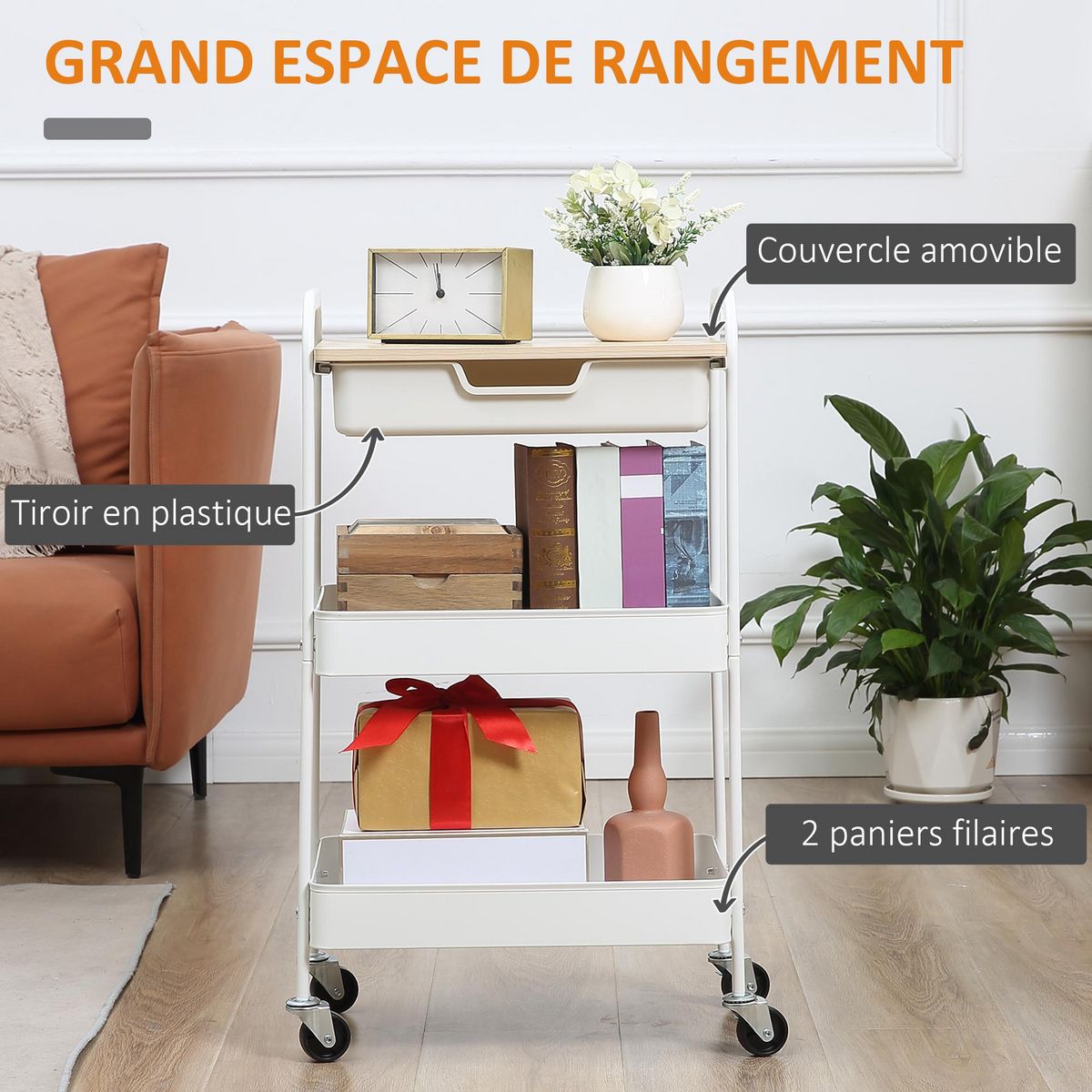 HOMCOM Desserte de cuisine chariot de service 2 étagères tiroir plateau aspect bois clair acier PP blanc