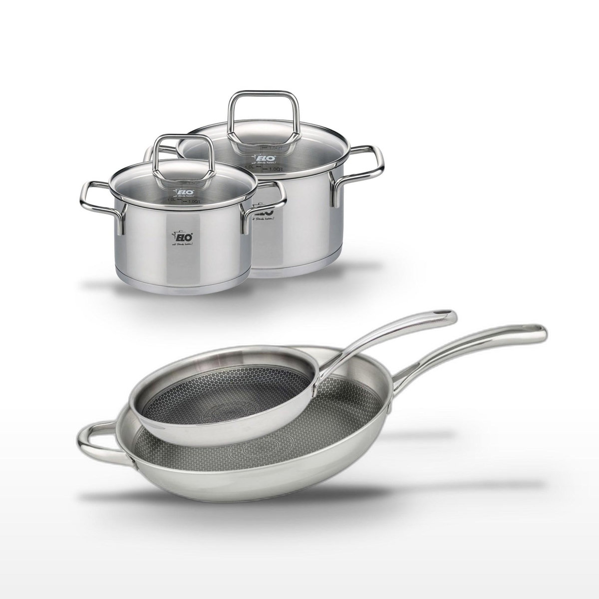 ELO Lot 2 Poêles 32/28cm & 2 Faitouts 12/14cm Elo Relief Evolution