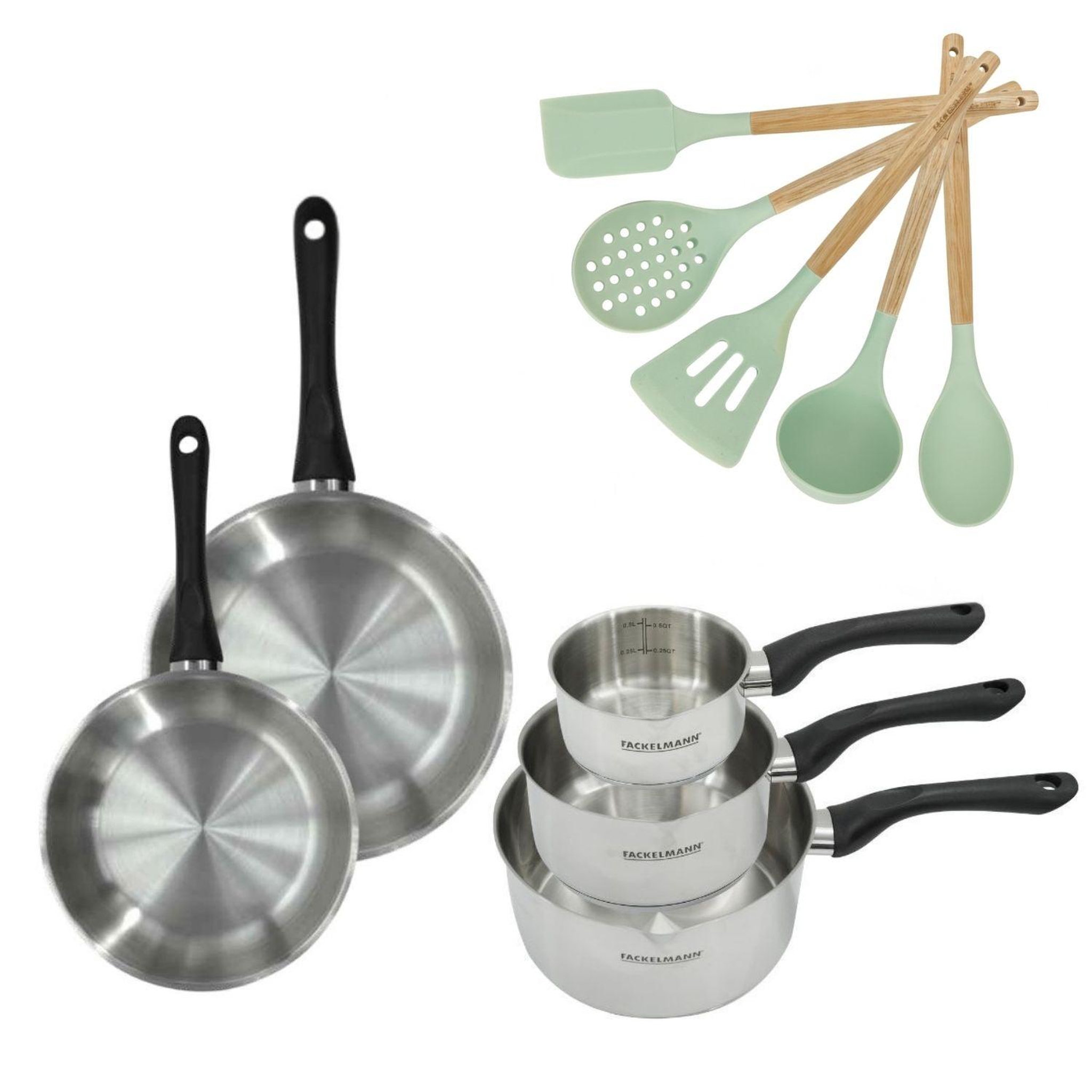 Fackelmann Batterie de cuisine avec 3 casseroles 12/16/20 cm et 2 poêles 20/24 cm avec 5 ustensiles de cuisine fackelmann généva océan