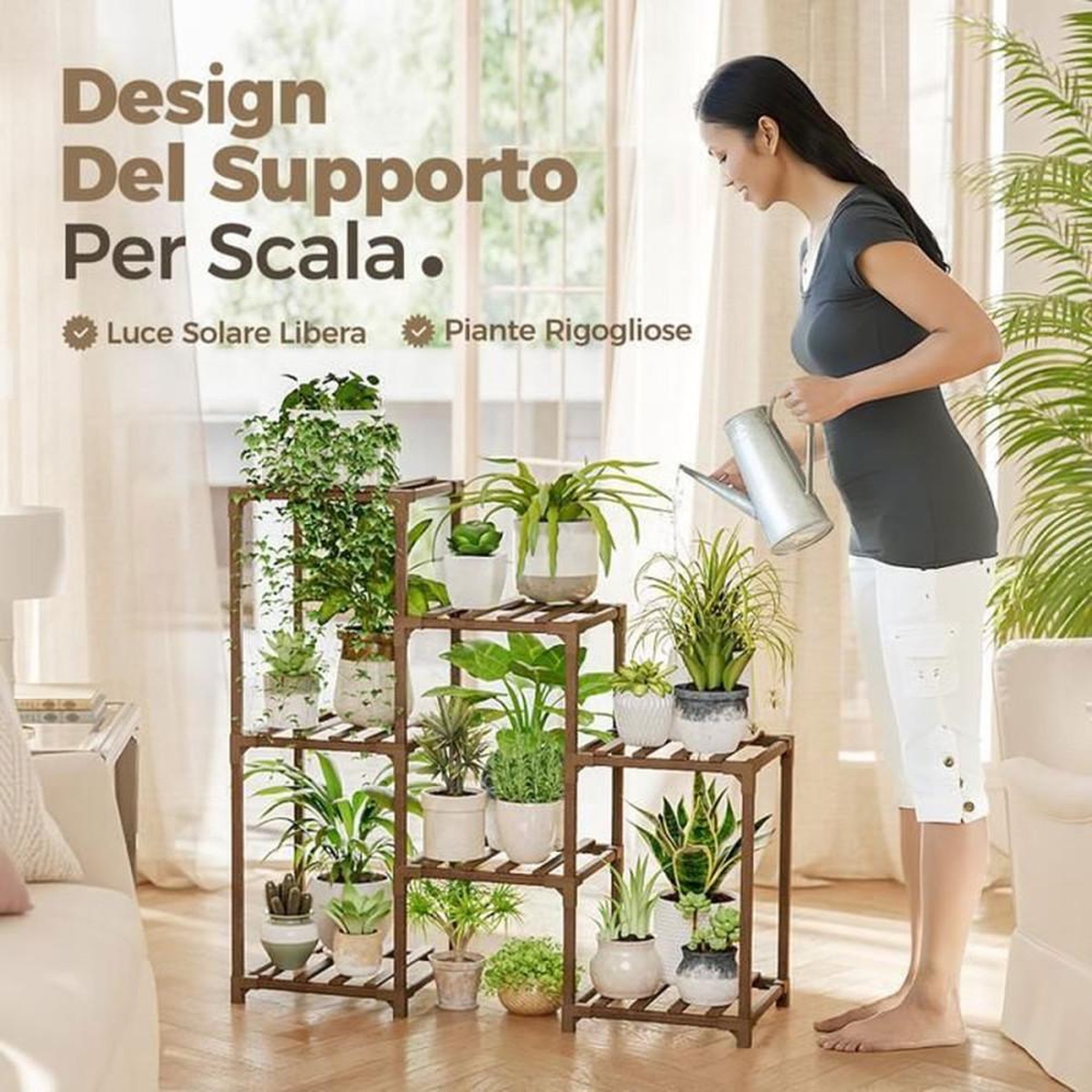 Voir la diapositive 4 : Support à plantes en échelle en eucalyptus carbonisé, jusqu'à 7 pots, montage sans vis