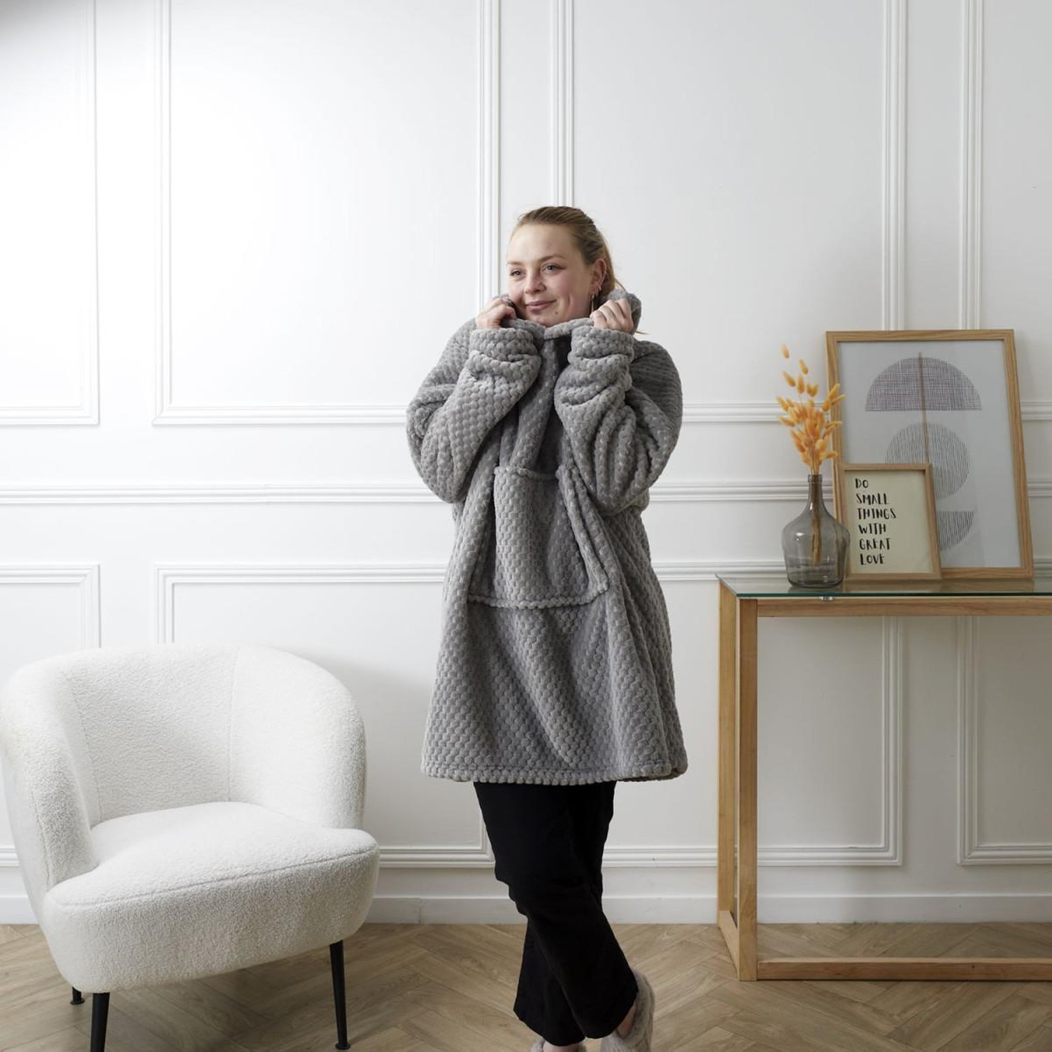 Voir la diapositive 3 : The Home Deco Factory Plaid sweat à capuche  nid d'abeille  85x118cm gris