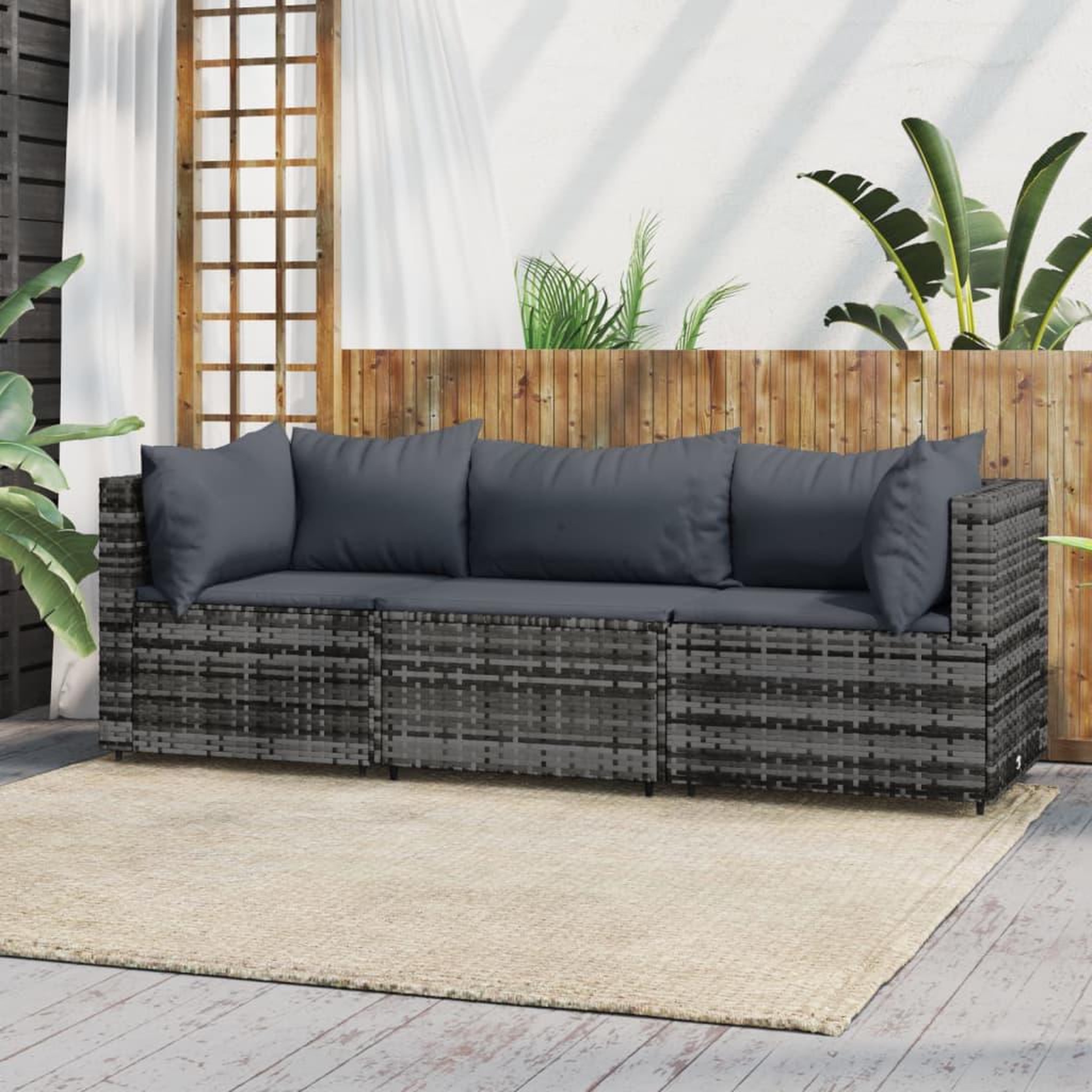 Voir la diapositive 1 : VIDAXL Salon de jardin 3 pcs avec coussins Gris Resine tressee