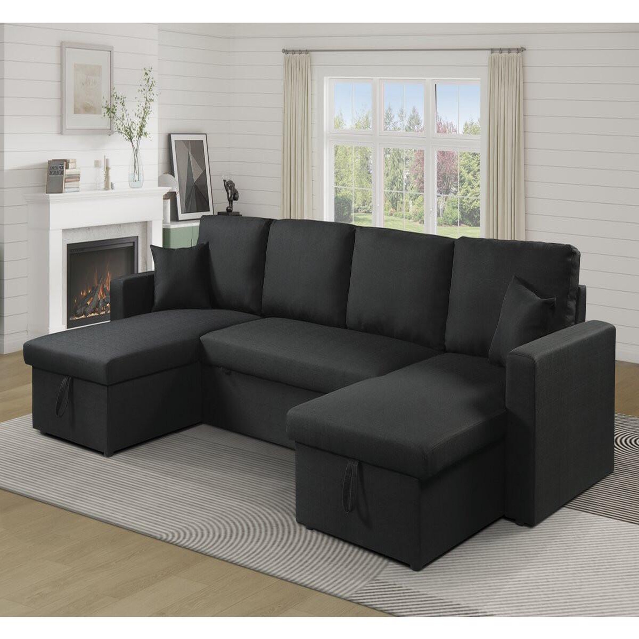 Voir la diapositive 2 : Habitat et Jardin Canapé d'angle panoramique convertible en tissu  alain  - 4 places - noir