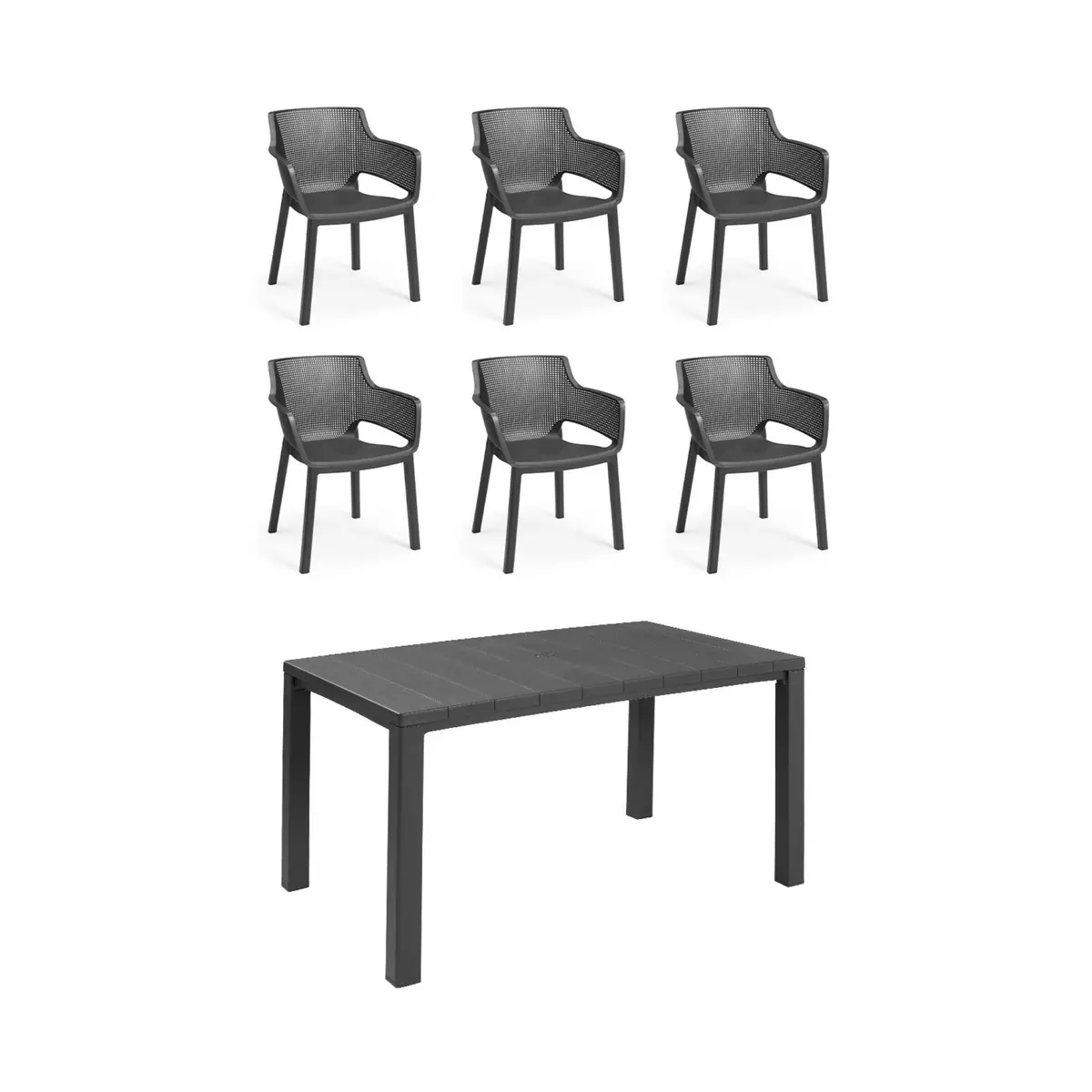 SWEEEK Table de jardin en résine de synthèse - Julie.  Rectangulaire. graphite. 147cm + 6 fauteuils de jardin empilables  Elisa