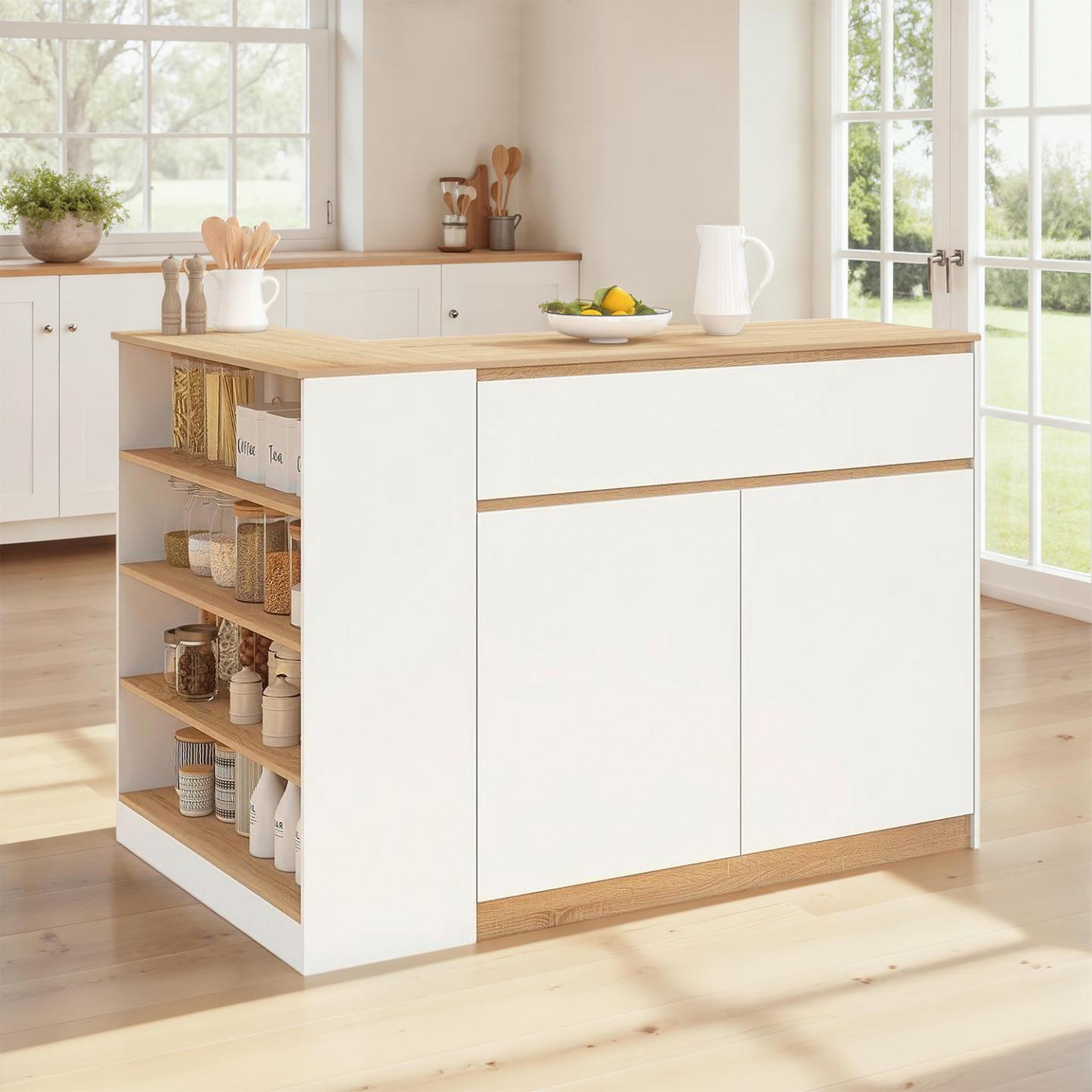 Voir la diapositive 2 : ID MARKET Ilot central tomi 130 cm 2 personnes double plateau bois blanc avec plan de travail façon hêtre