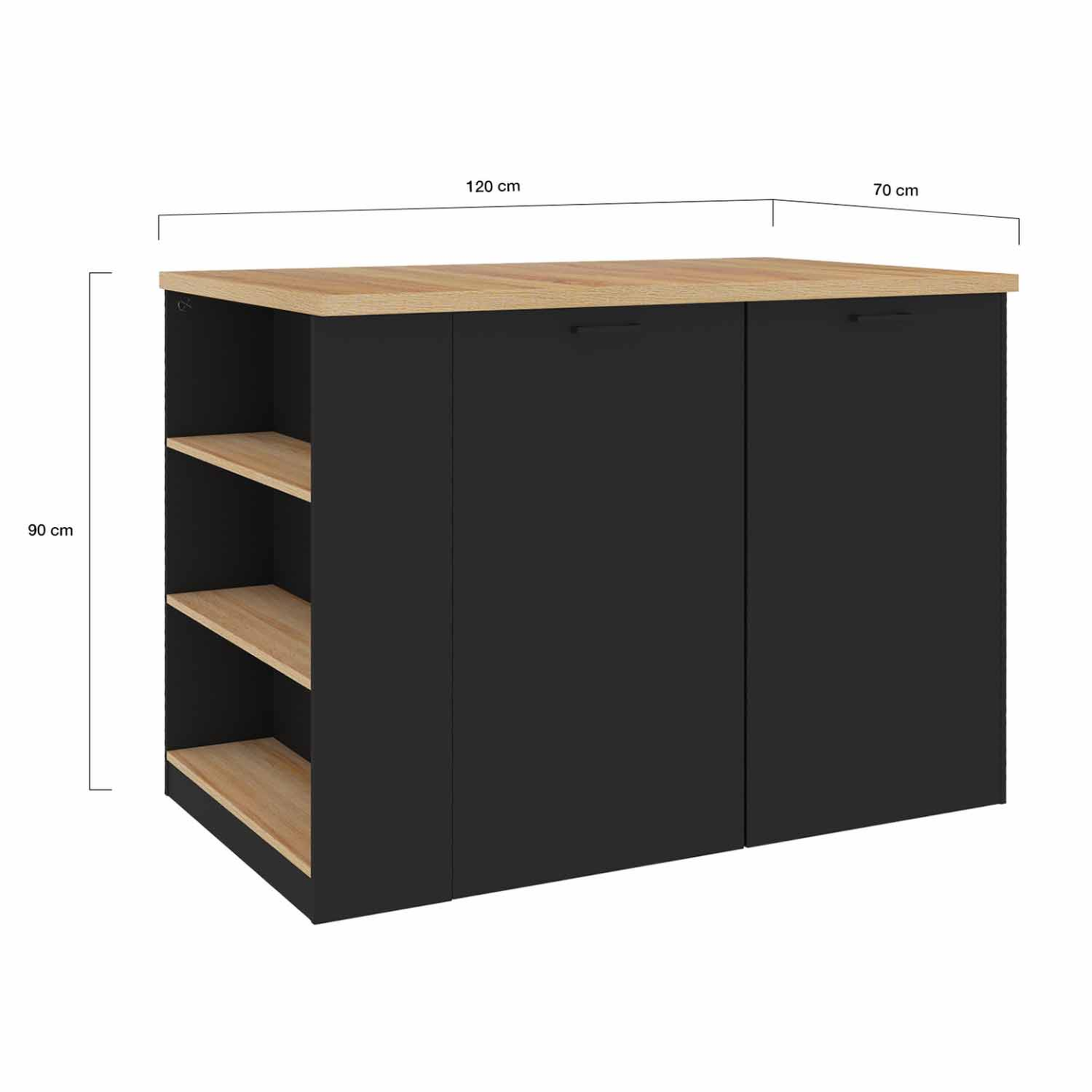 Voir la diapositive 5 : ID MARKET Ilot central tibo 120 cm bois noir avec plan de travail façon hêtre