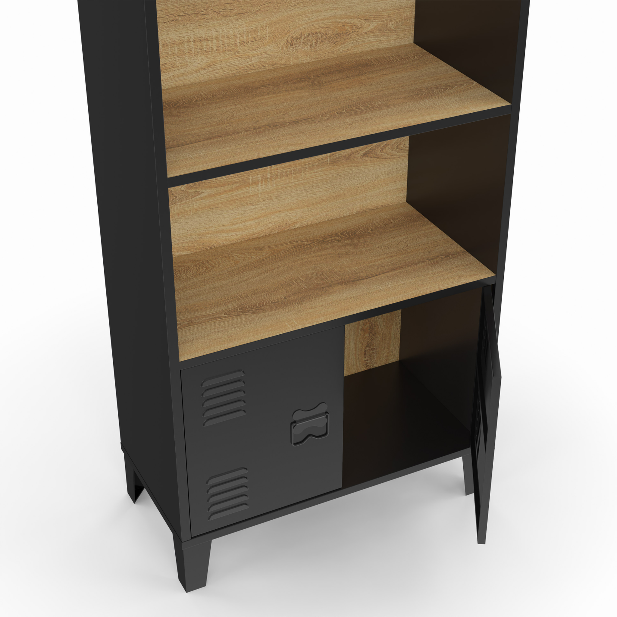 Voir la diapositive 6 : ID MARKET Etagère bibliothèque 5 niveaux avec placard ester portes métal noir et plateau bois design industriel