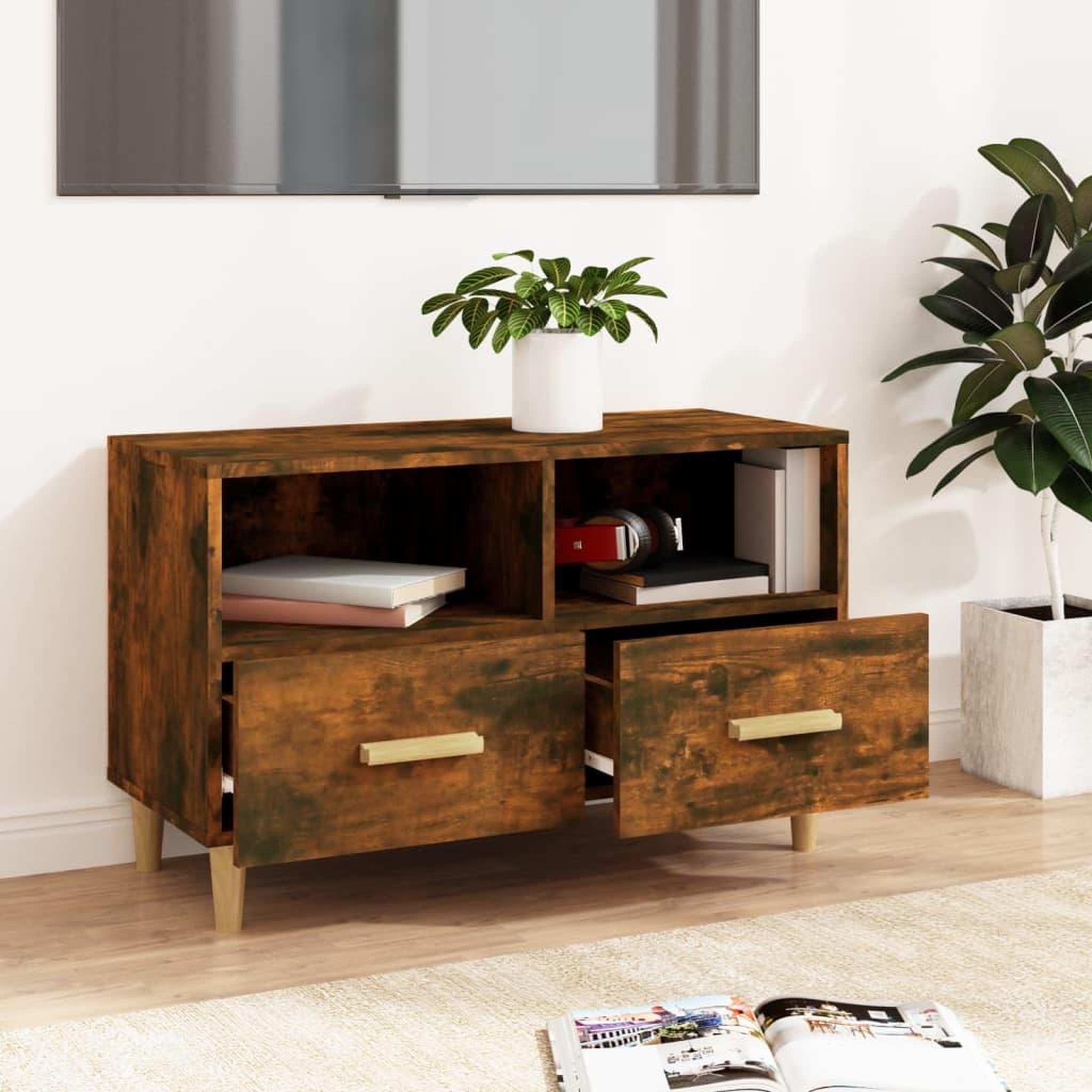 Voir la diapositive 3 : VIDAXL Meuble TV Chene fume 80x36x50 cm Bois d'ingenierie