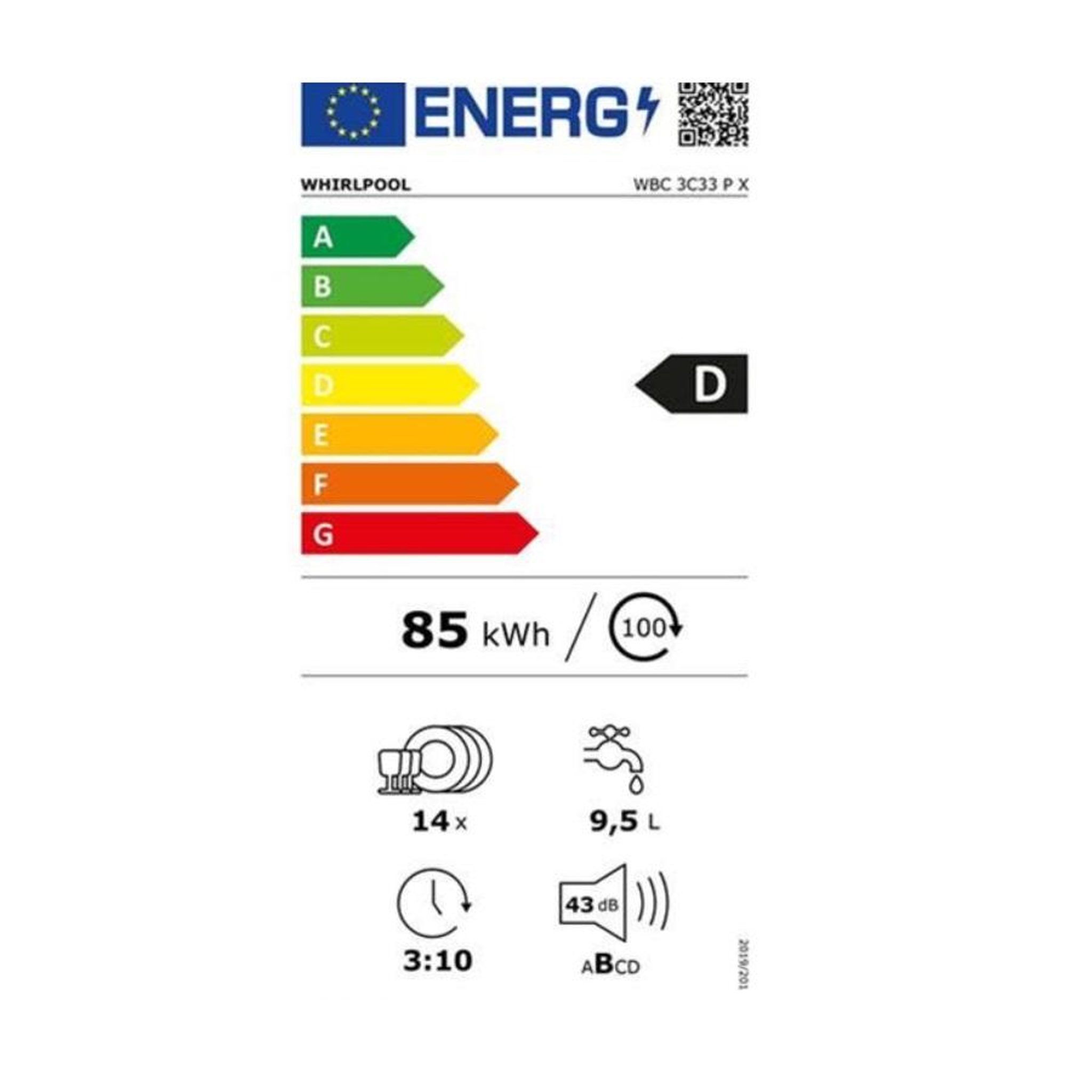 Voir la diapositive 2 : Whirlpool Lave-vaisselle 60cm 14 couverts 43db intégrable avec bandeau - wbc3c33px