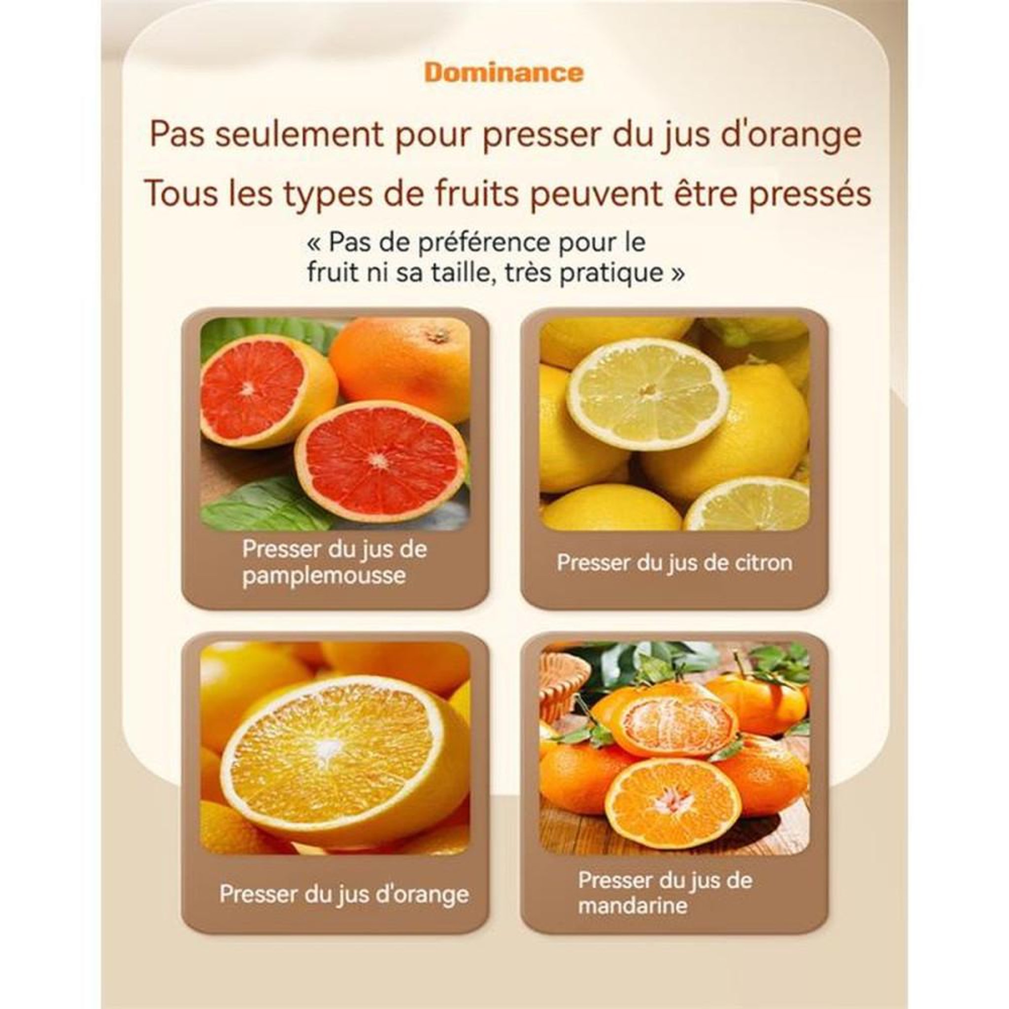 Voir la diapositive 5 : Presse-agrumes manuel en acier inox et PP, capacité 0,45 L, format compact 17,5 cm, compatible agrumes (oranges, citrons, mandarines)