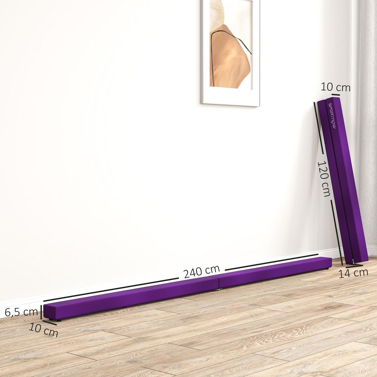 HOMCOM Poutre gymnastique pliable 240 cm - poutre d'équilibre antidérapante - bois de pin revêtement flanelle violet