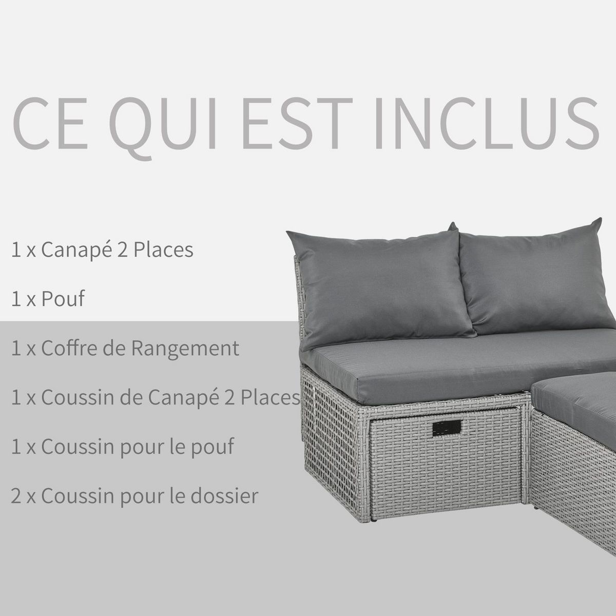 OUTSUNNY Ensemble salon de jardin 3 places 3 pièces - canapé 2 places, pouf, coffre rangement - 4 coussins inclus - résine tressée imitation rotin gris