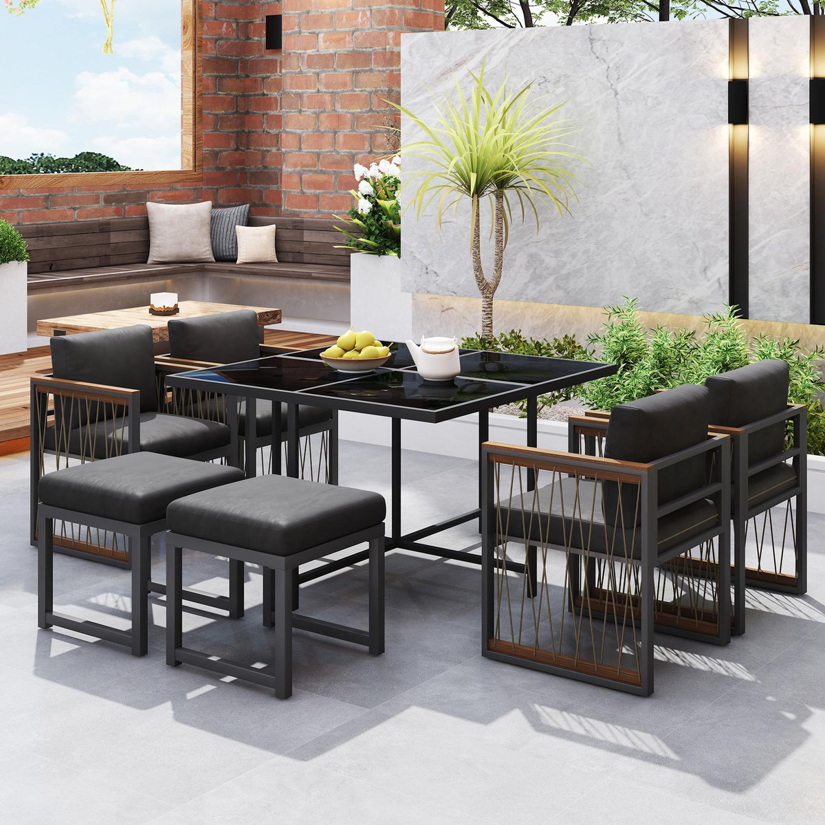 MERAX Salon de jardin 6 places avec table carrée, 4 fauteuils et 2 poufs