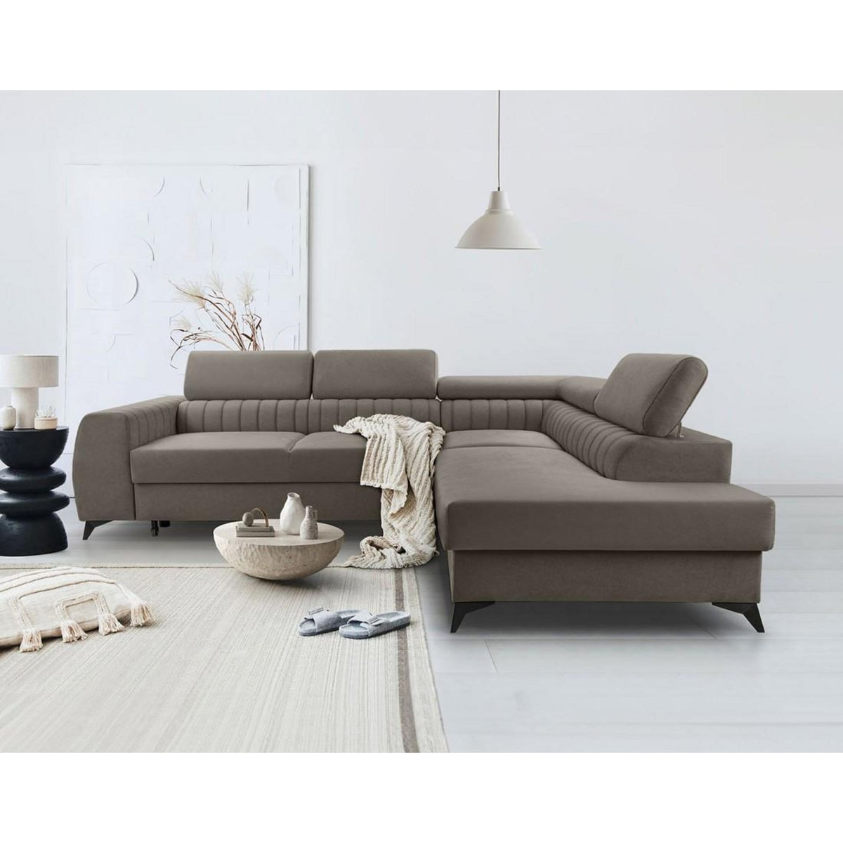 BEST MOBILIER Aneta - canapé d'angle droit 5 places - convertible avec coffre et têtières - en velours