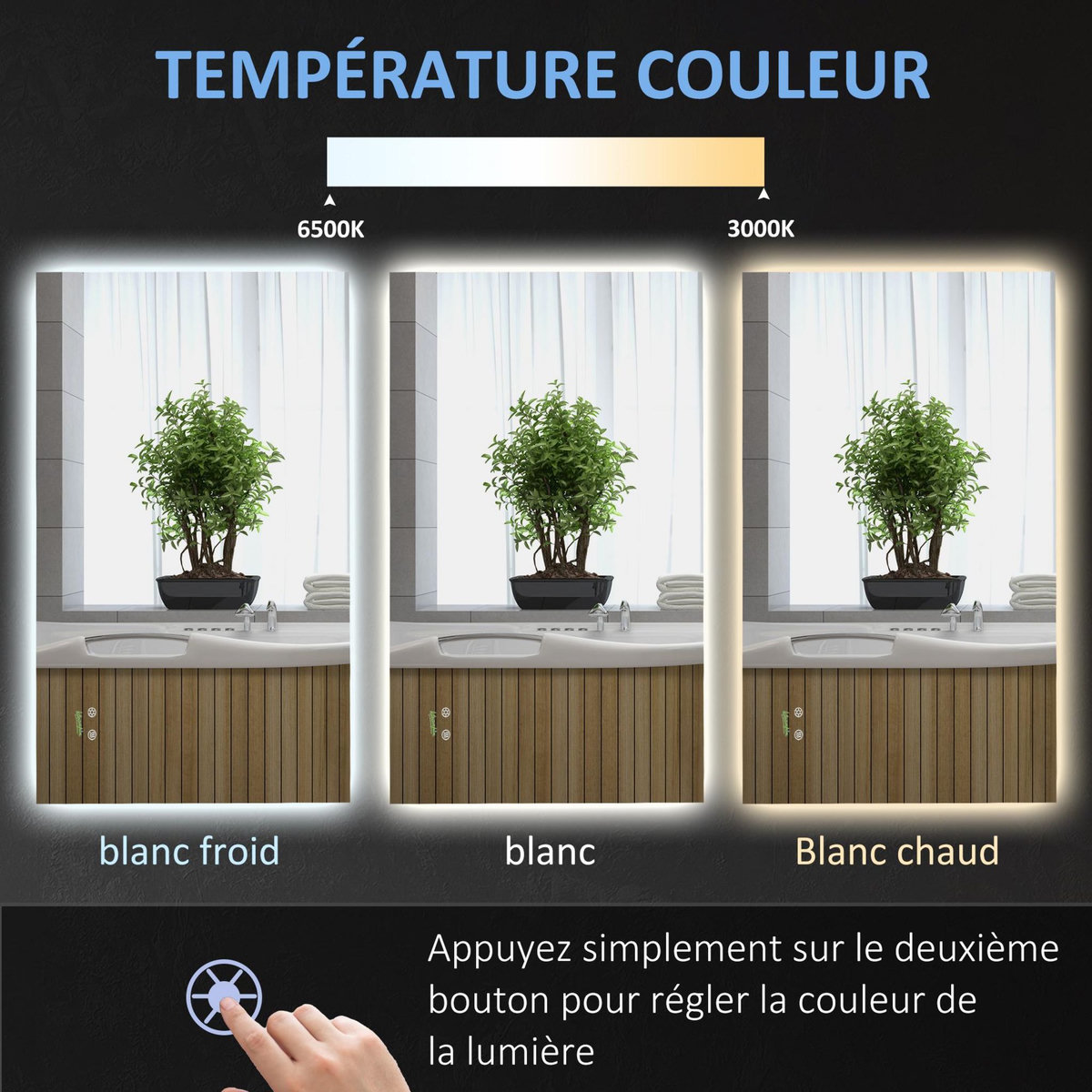 KLEANKIN Miroir salle de bain lumineux LED 42 W - dim. 90L x 3l x 60H cm - fonction anti-buée, interrupteur tactile, luminosité réglable - alu. verre