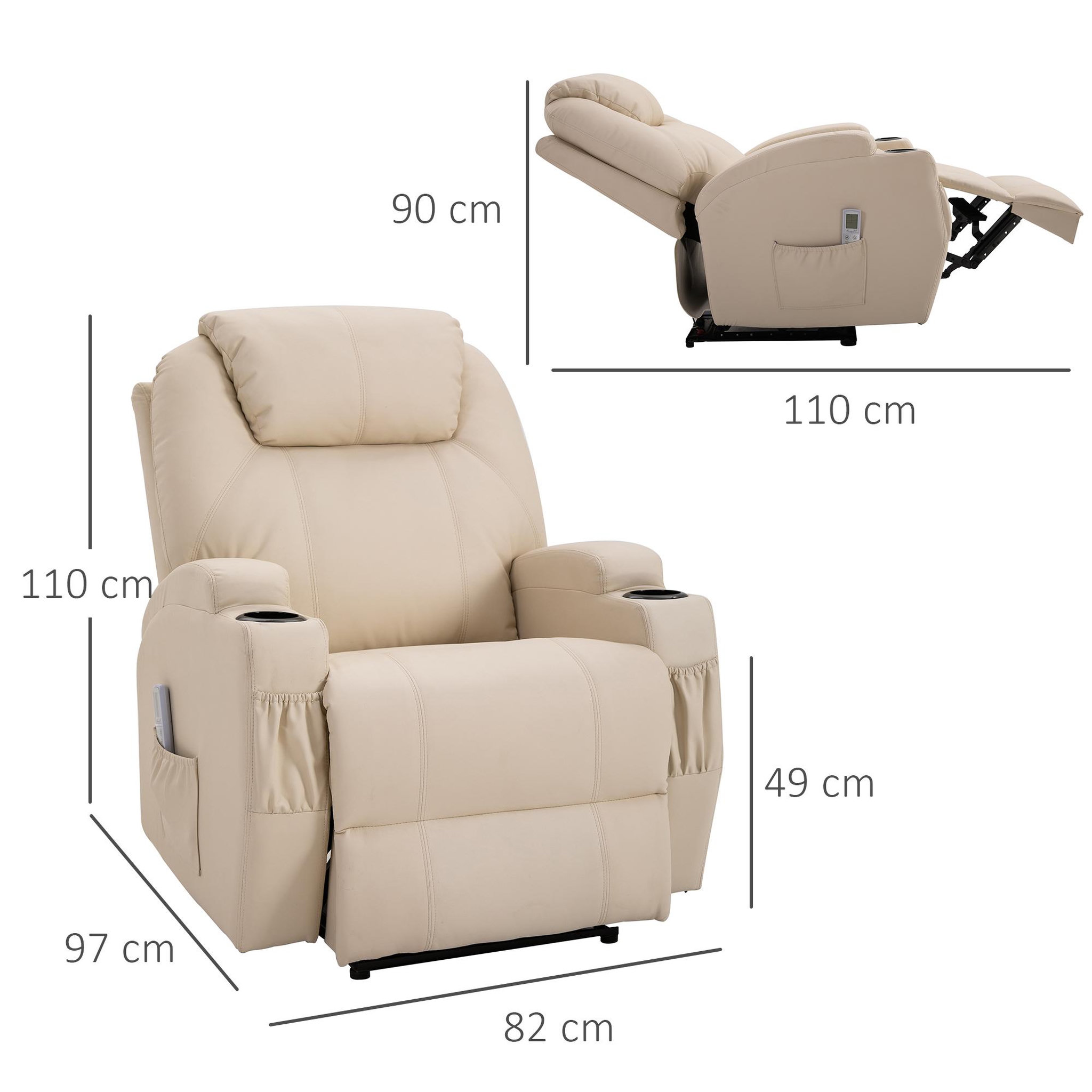 Voir la diapositive 3 : HOMCOM Fauteuil luxe de relaxation et massage inclinaison dossier repose-pied électrique revêtement synthétique crème