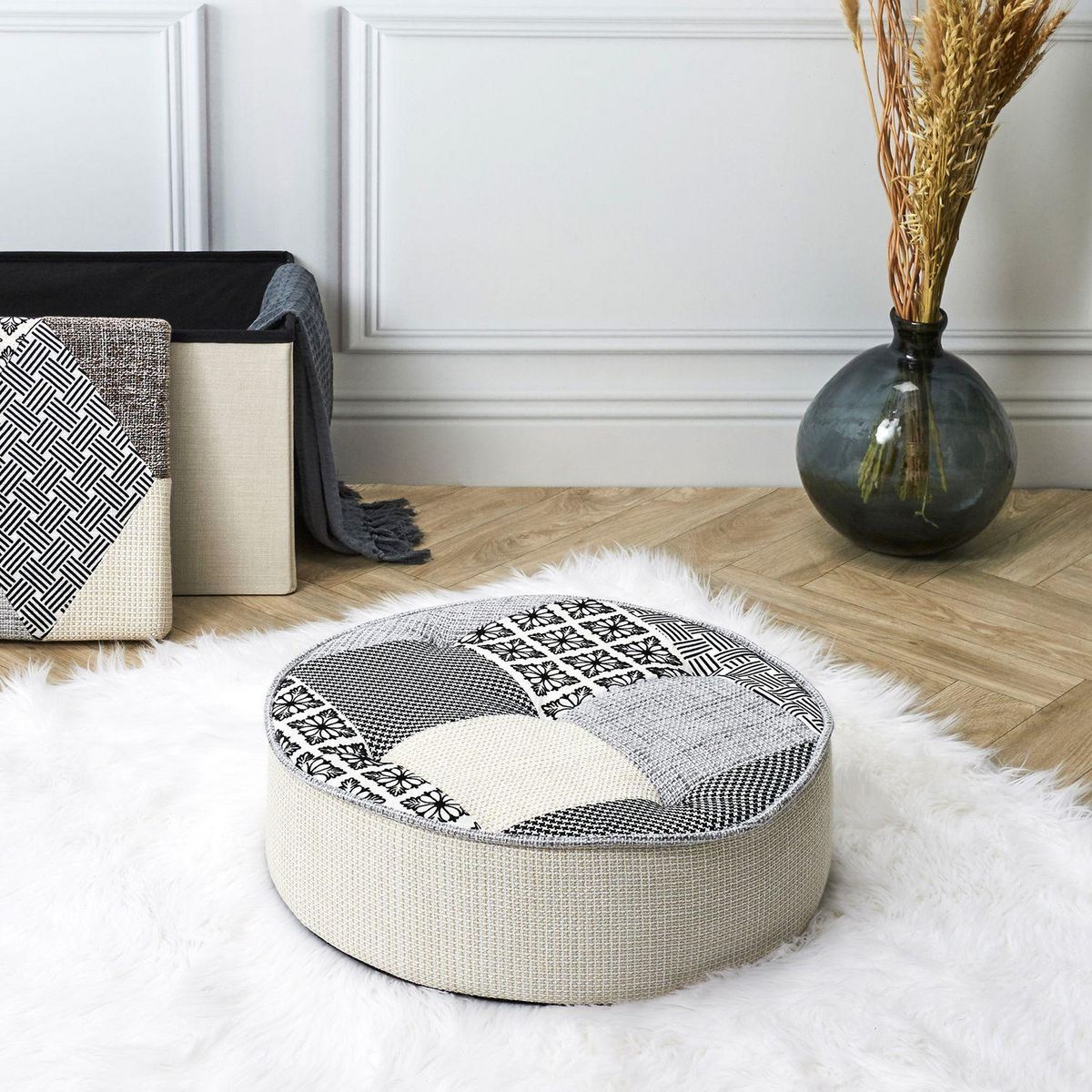 TOILINUX Pouf rond patchwork - Beige et Gris