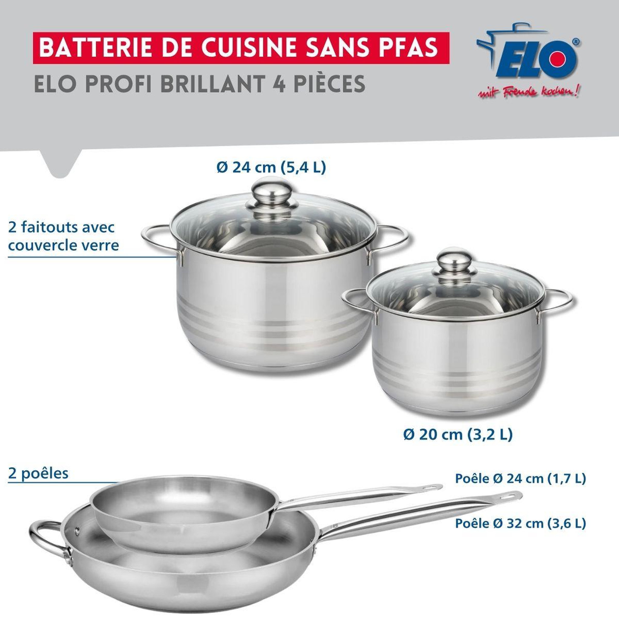 Voir la diapositive 2 : ELO Ensemble de 2 poêles de cuisson 24 et 32 cm et 2 faitouts 20 et 24 cm elo profi brillant