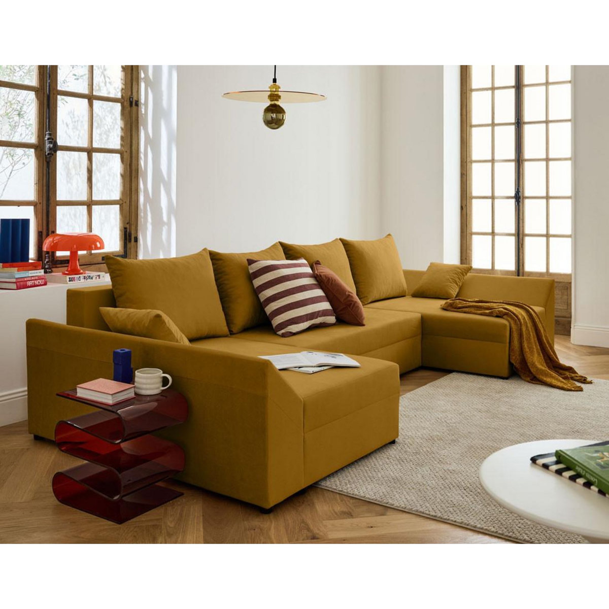 BEST MOBILIER Mike - canapé panoramique en u - 7 places - convertible - avec coffre - en velours