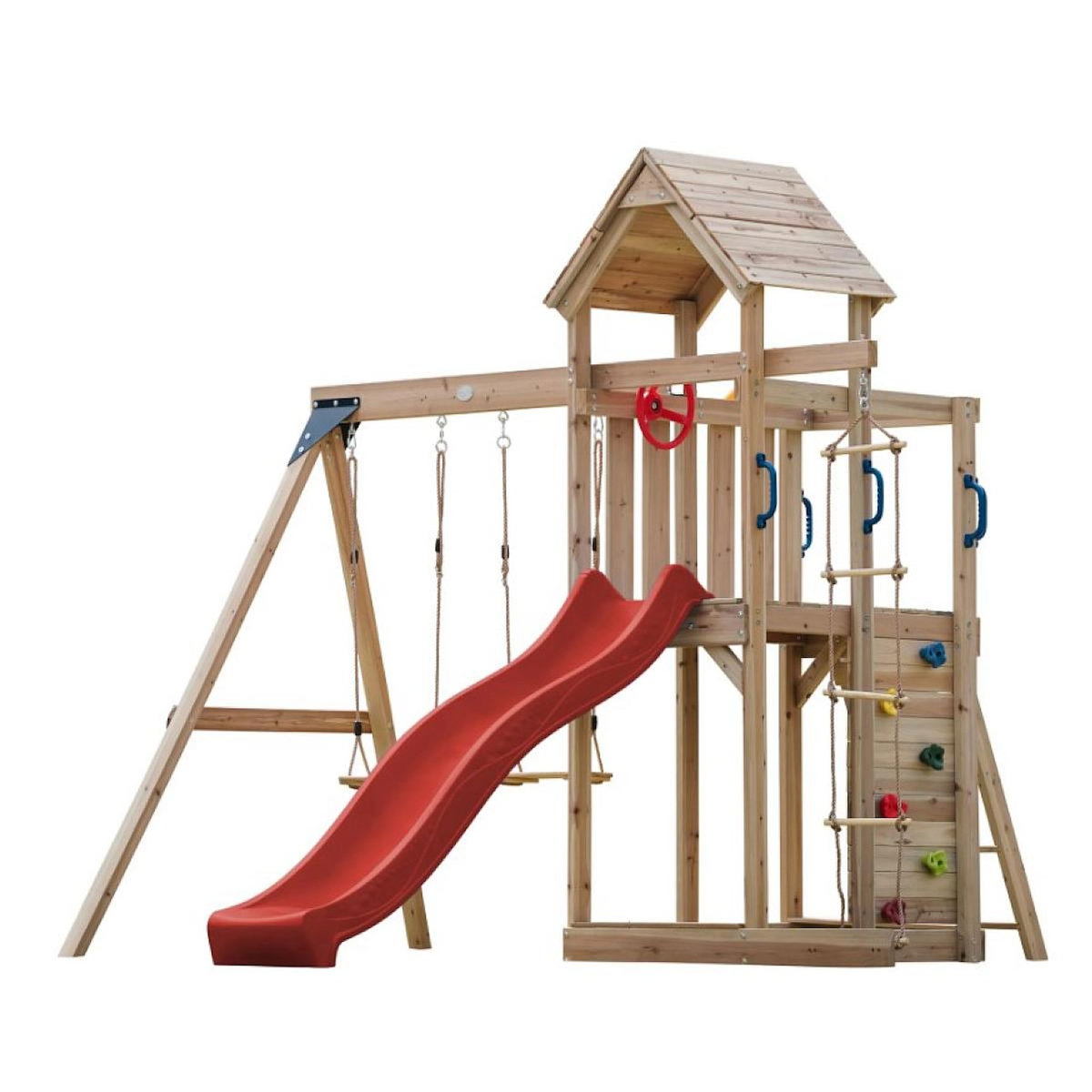 Axi House Portique Moos 2 balançoires + échelle toboggan rouge