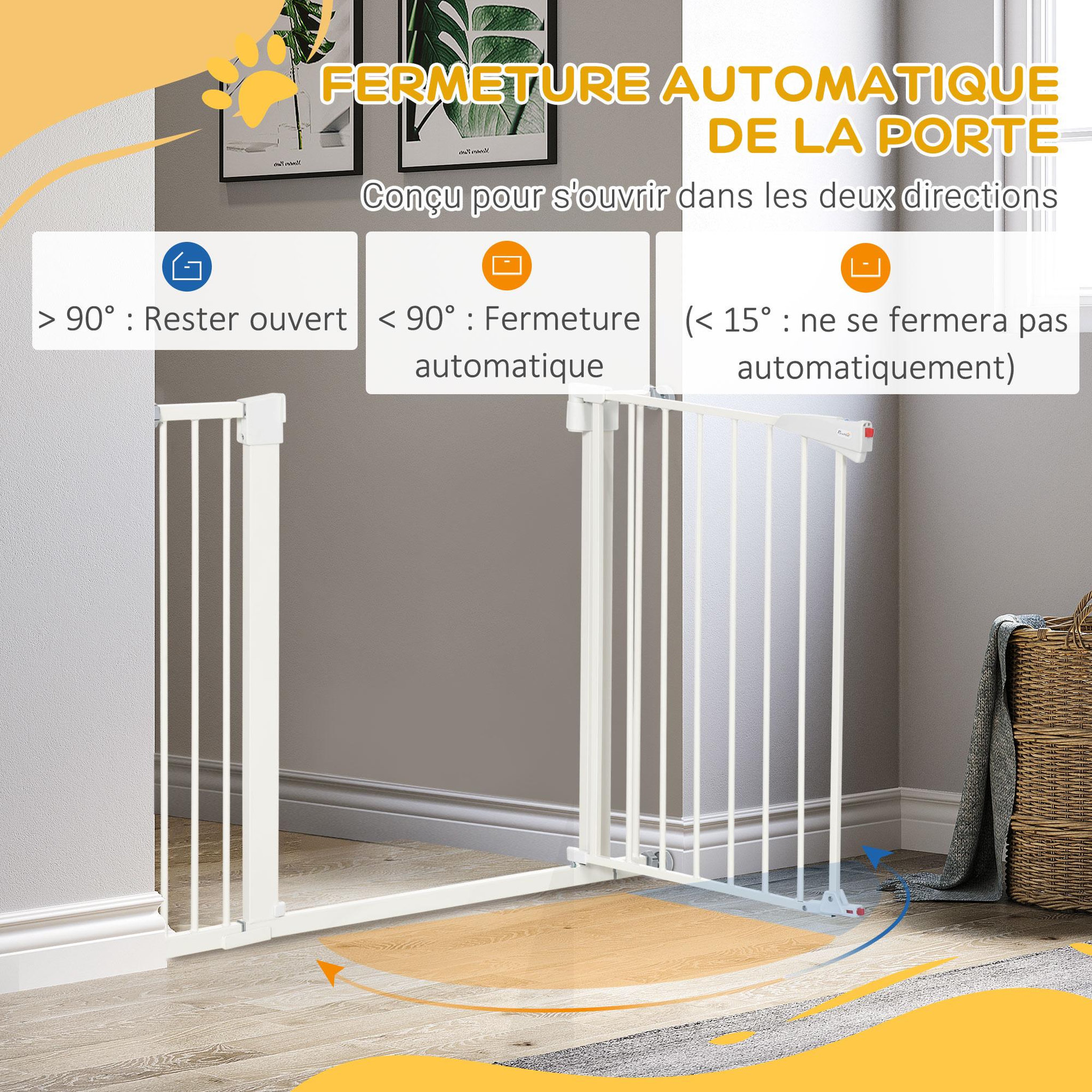Voir la diapositive 6 : PAWHUT Barrière de sécurité animaux réglable 76-103l cm - porte 2 verrouillages, ouverture 2 sens - acier abs blanc