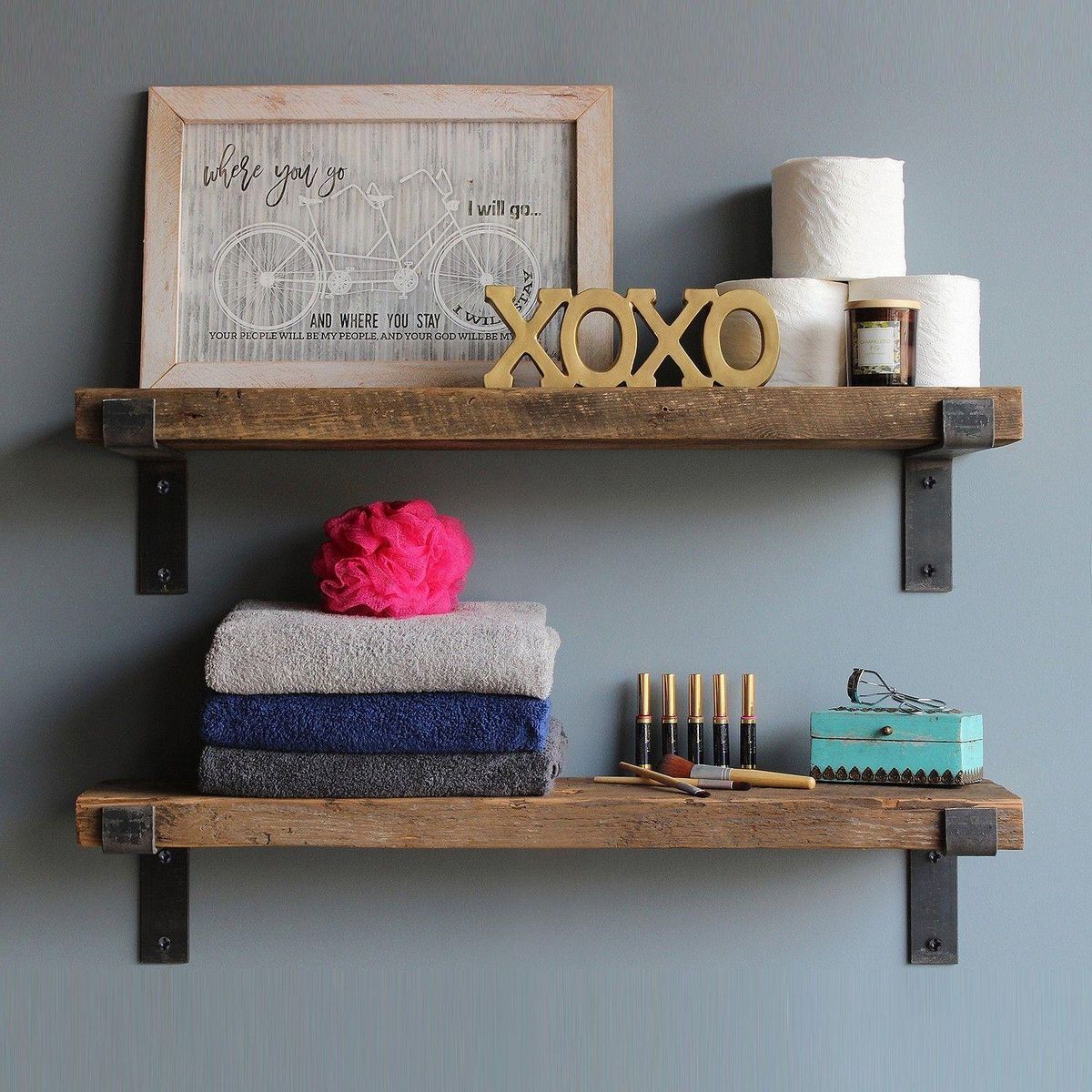 TOILINUX 2 Etagères murales design en bois et métal - L. 60 x l. 14 cm - Marron