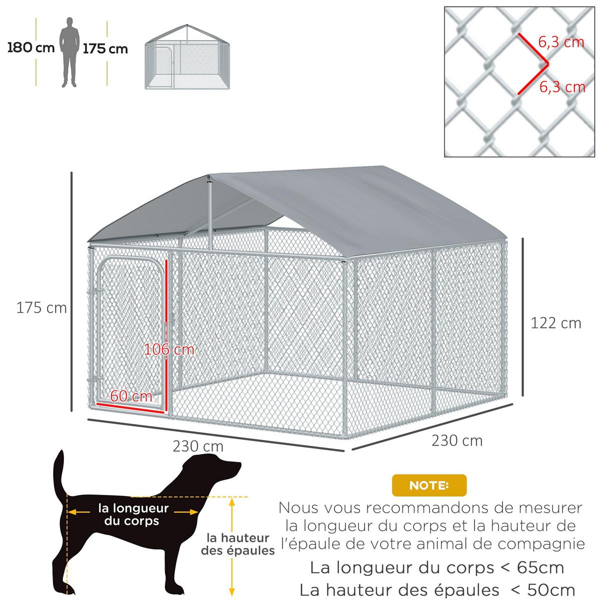 PAWHUT Chenil extérieur avec toit pour chien 5 m² - parc grillagé 230 x 230 x 175 cm - espace couvert - acier galvanisé
