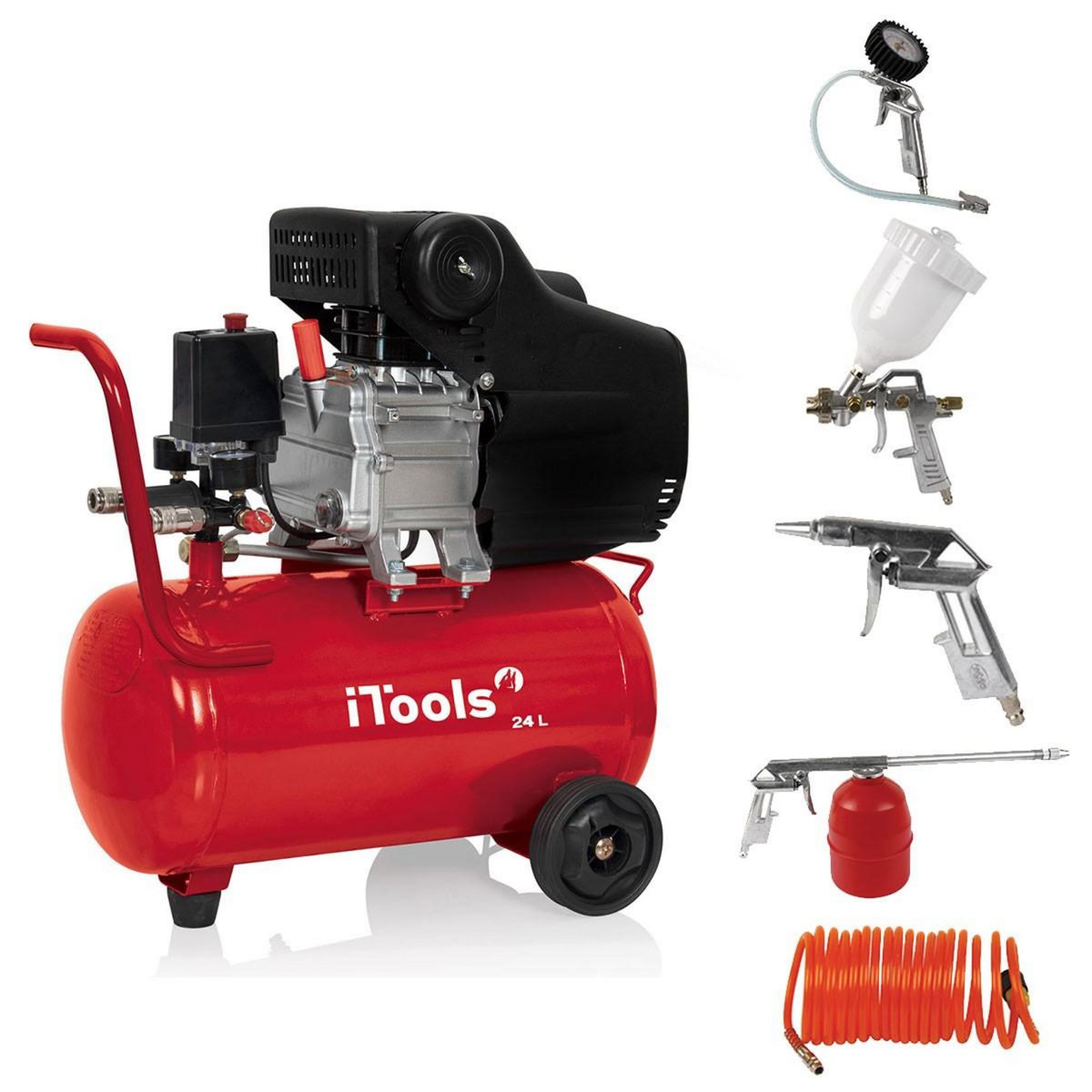 iTools Compresseur d'air 24 Litres 8 bar 2CV 1.5KW 115 PSI + Kit Air comprimé 5 Pièces ITOOLS