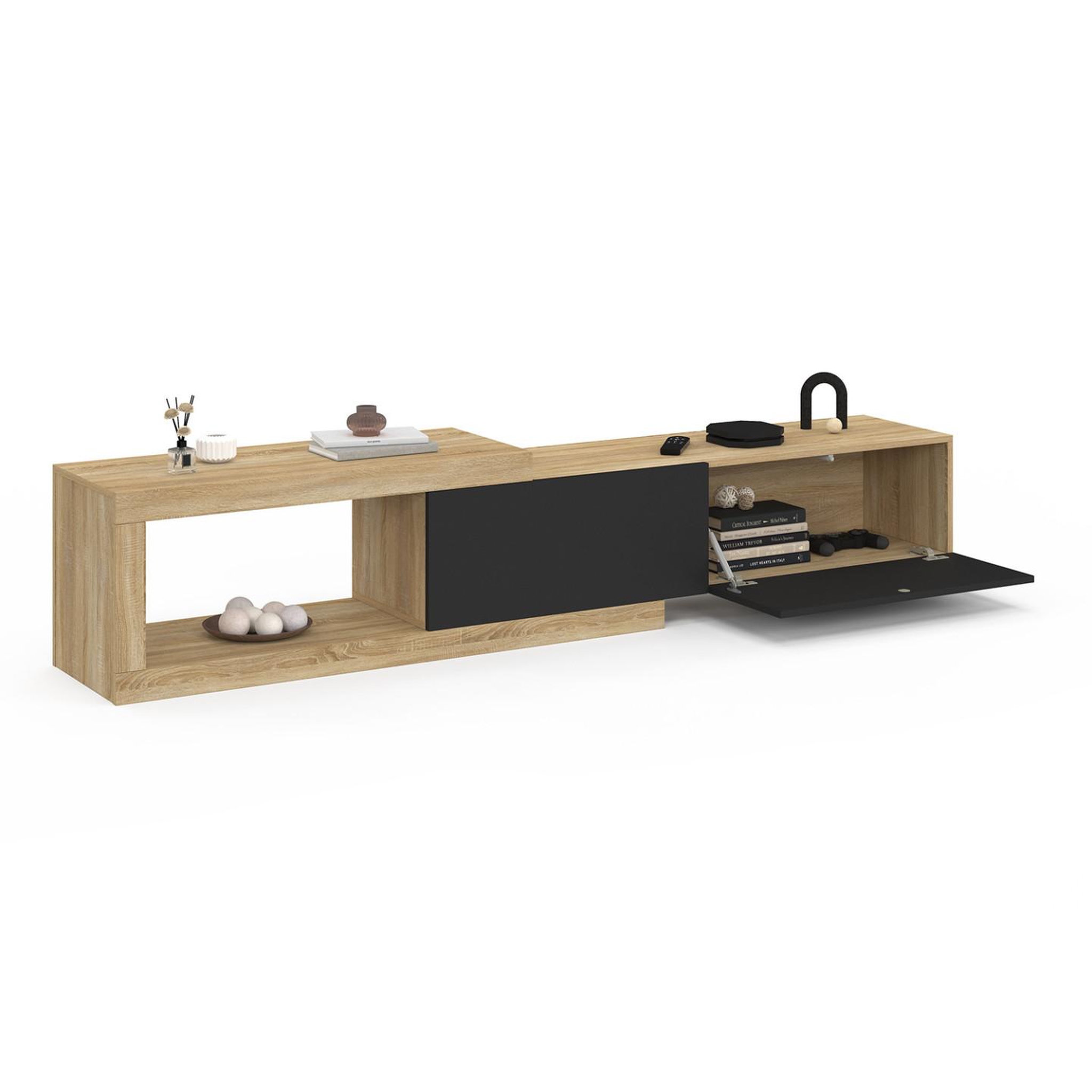 Voir la diapositive 4 : ID MARKET Meuble tv extensible 140-200 cm raphael 2 portes bois et noir