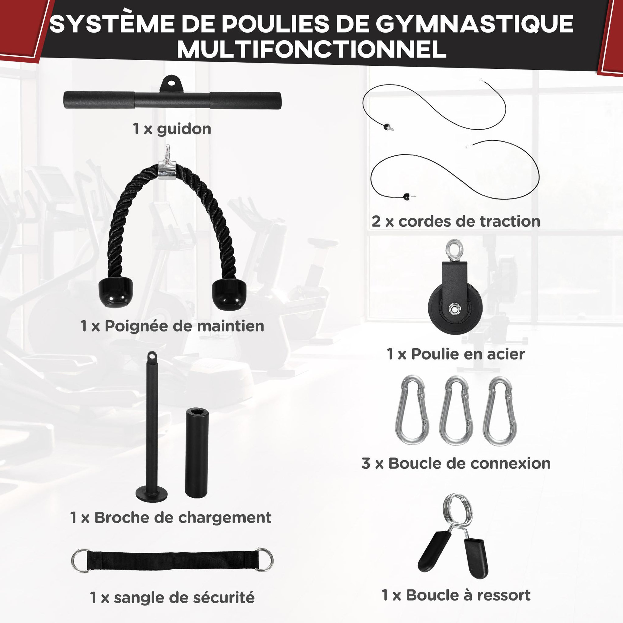 Voir la diapositive 4 : HOMCOM Station de musculation - station de traction poulie haute à fixer au plafond - barre traction et autres accessoires inclus
