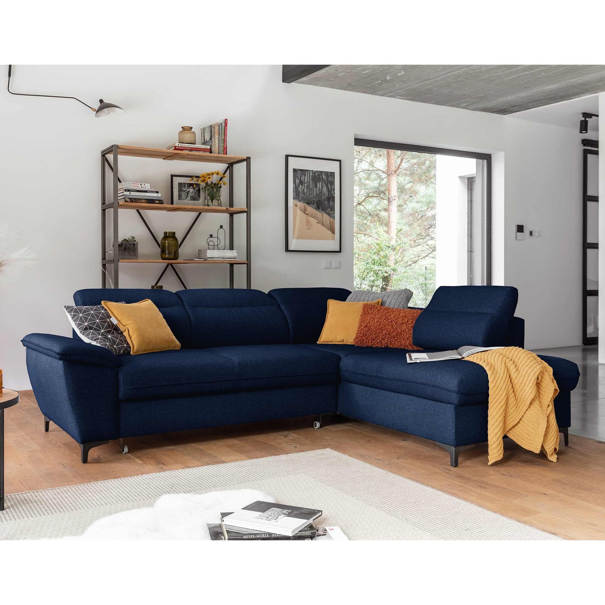 BEST MOBILIER Clever - canapé d'angle droit - 5 places - convertible avec coffre et têtières - en tissu