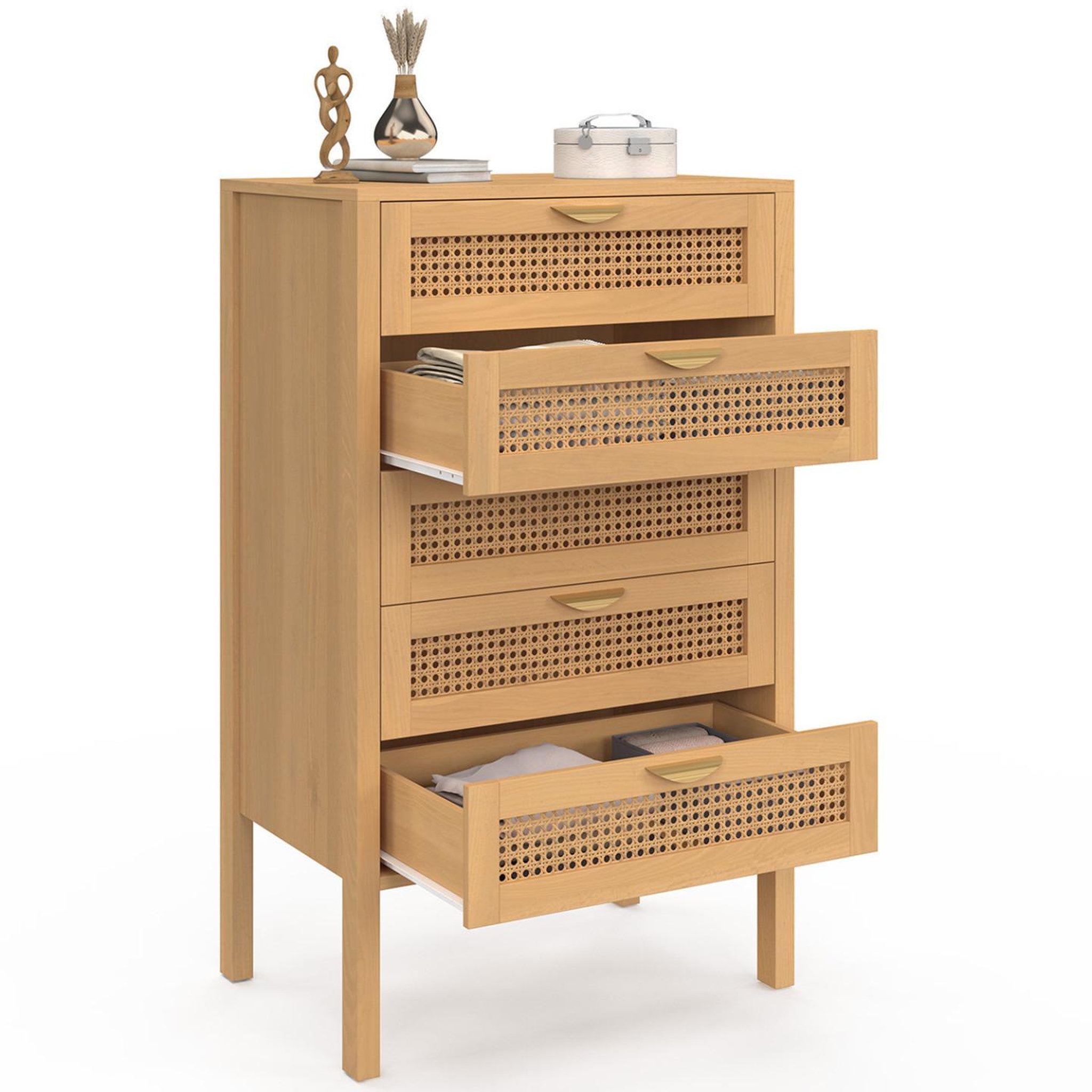 Voir la diapositive 4 : ID MARKET Chiffonnier 5 tiroirs edhen 60x40x100 cm commode semainier bois et effet cannage