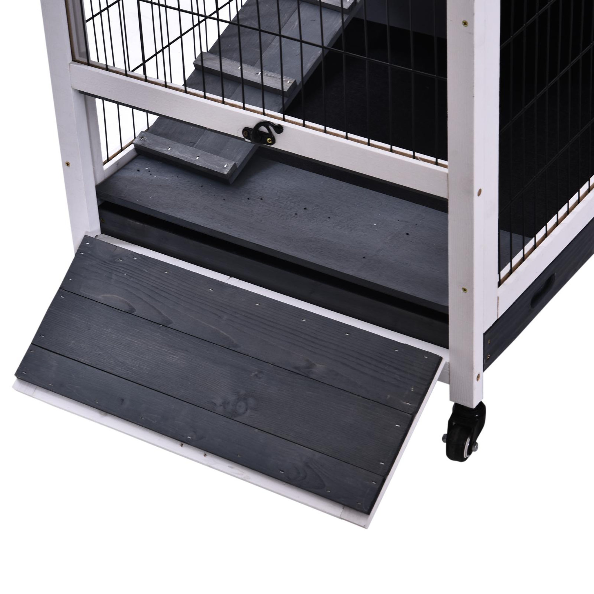 Voir la diapositive 5 : PAWHUT Clapier à lapin sur roulettes cage à lapin 2 étages porte verrouillable toit ouvrant plateau coulissant rampe bois de sapin gris blanc