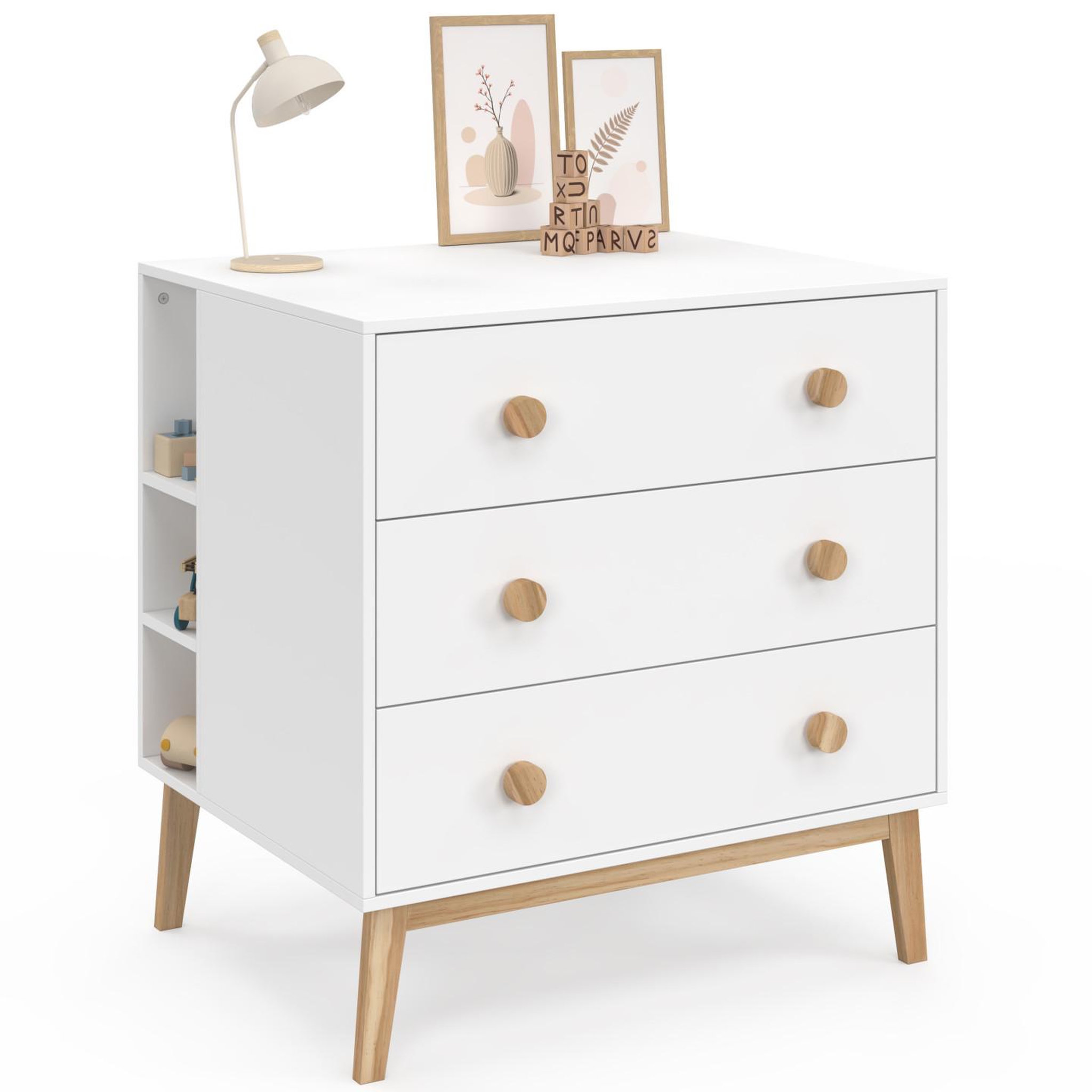 Voir la diapositive 4 : ID MARKET Commode à langer jacob blanc et bois 3 tiroirs, table à langer amovible et 2 étagères