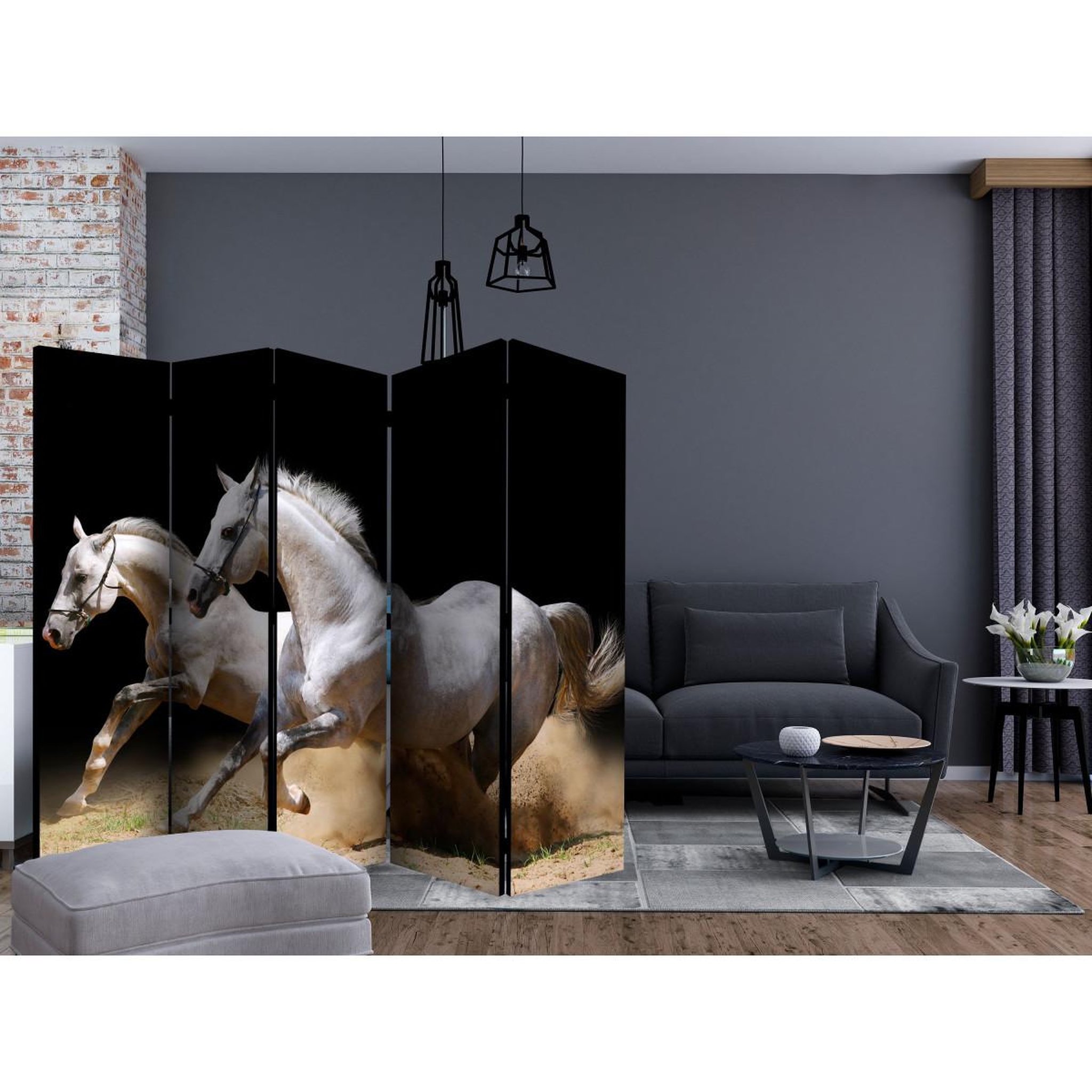Voir la diapositive 2 : Paris Prix Paravent 5 volets  galloping horses on the sand  172x225cm
